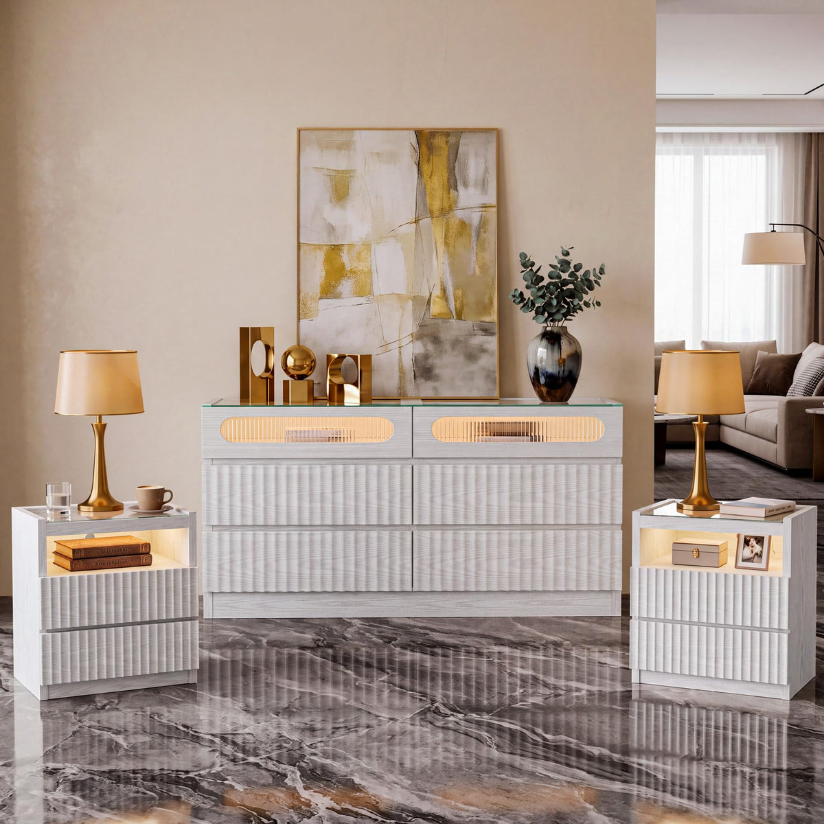 White Oak Finish Dresser and Nightstand Set
