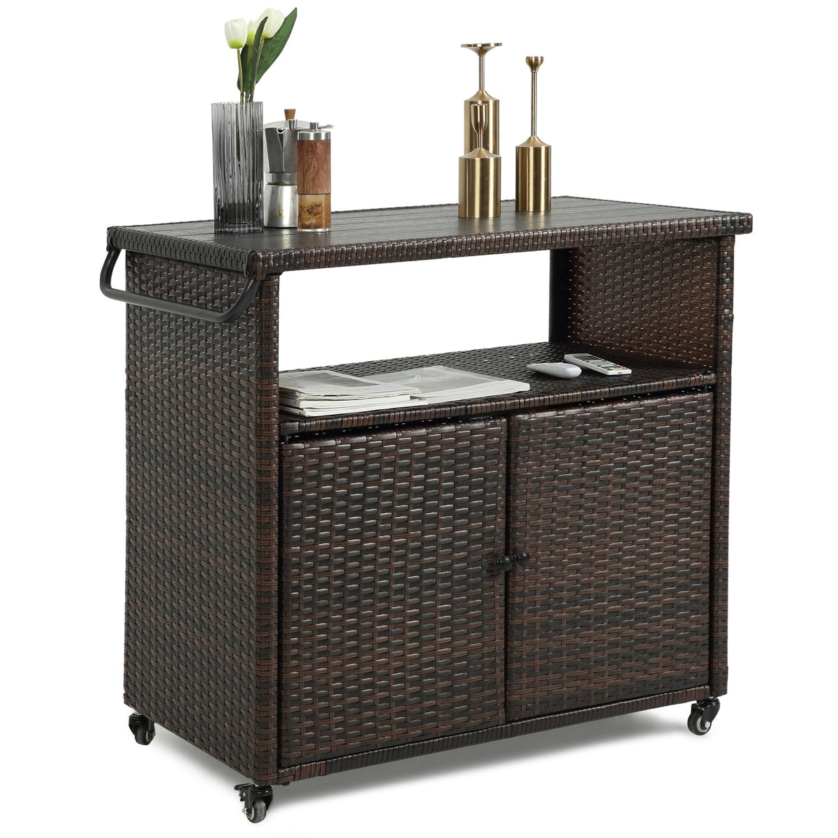 Villeston Wicker Outdoor Bar Cart - Brown Patio Console Table Wagon