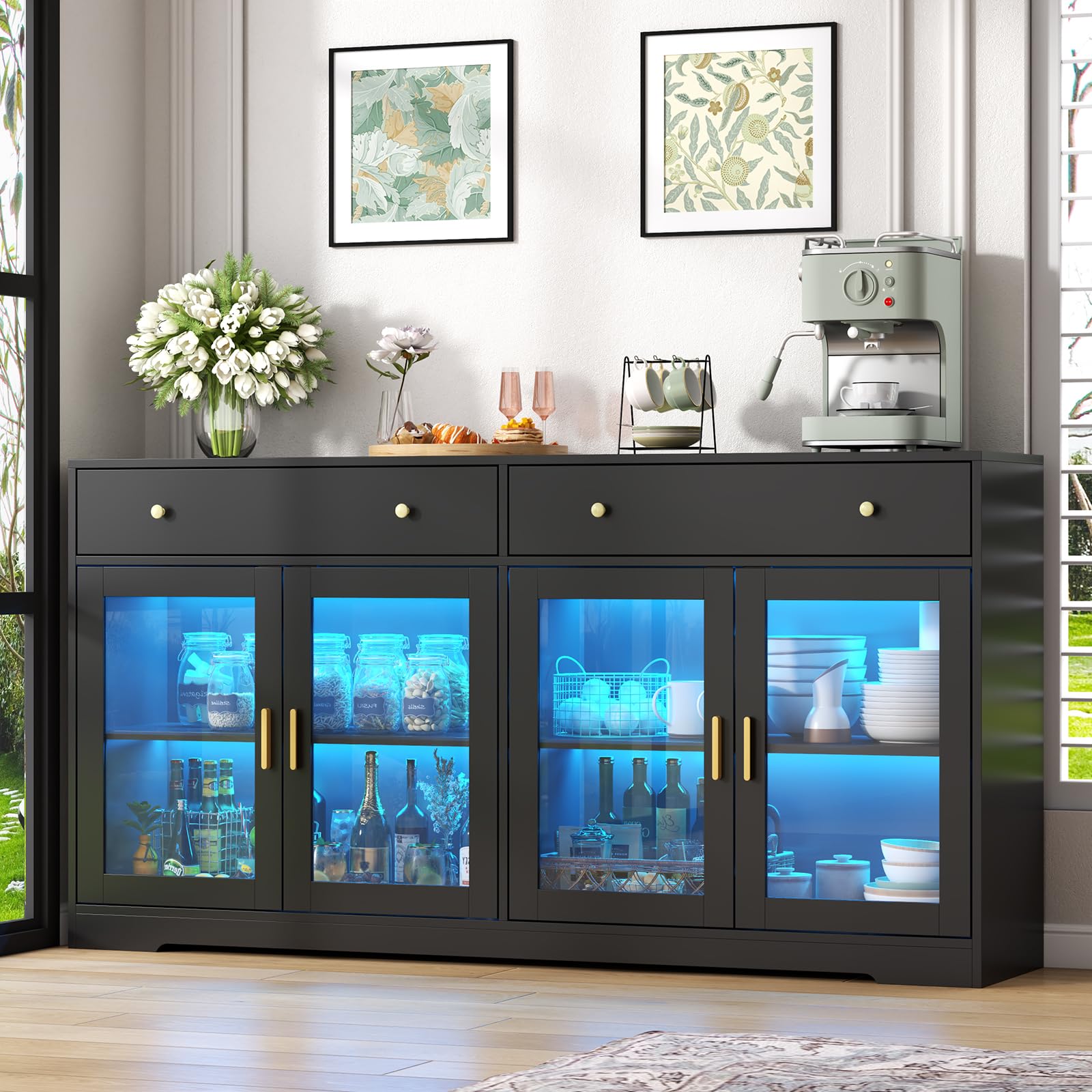 Sideboard Buffet Cabinet with LED Lights – Black