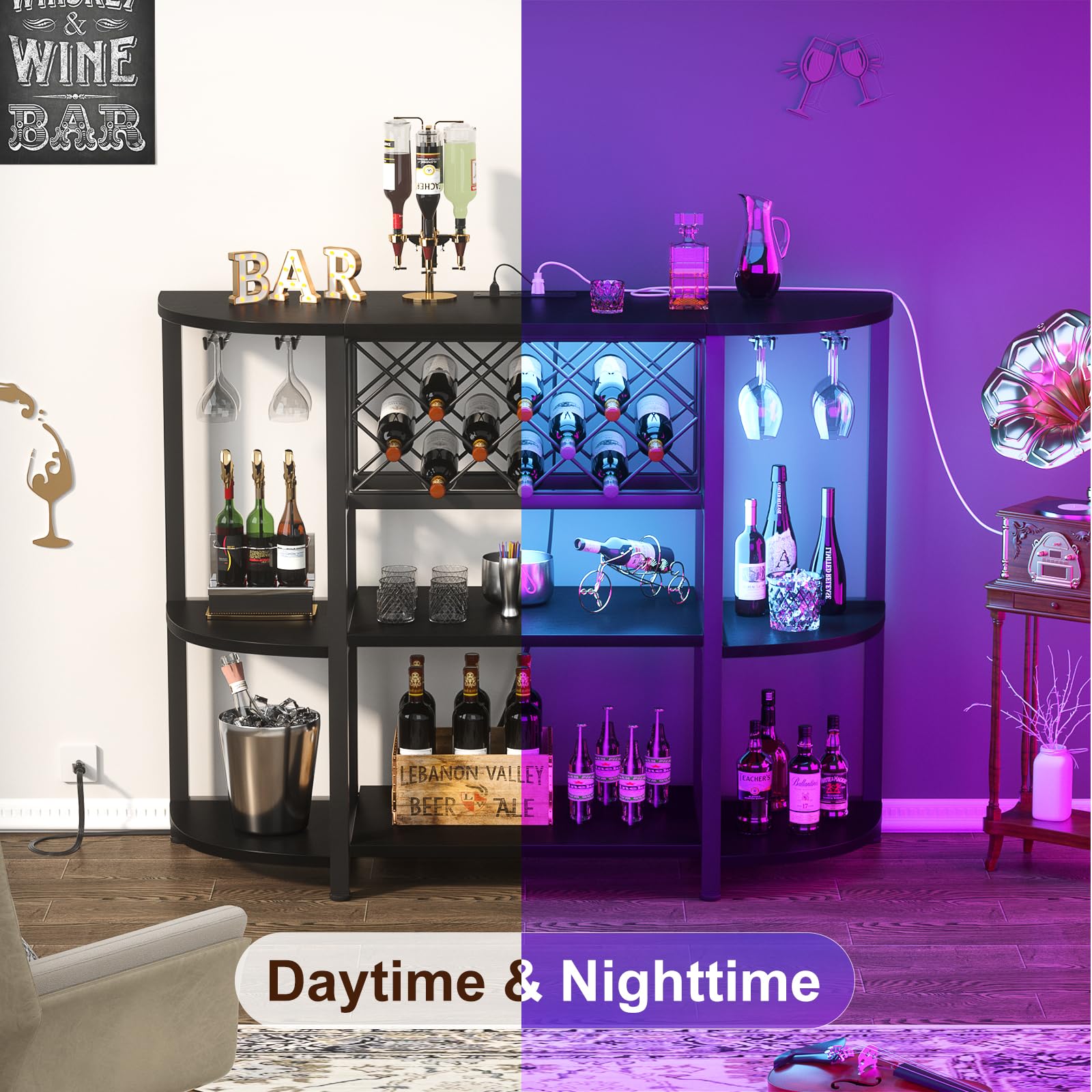 Bar Cabinet with LED Lights & Power Outlets – 4-Tier