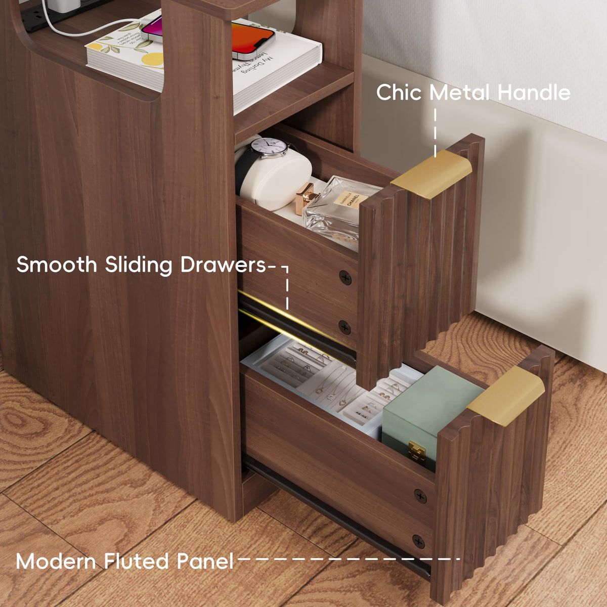 JUSTOGO Narrow Nightstand Set of 2, Fluted End Table with Charging Station