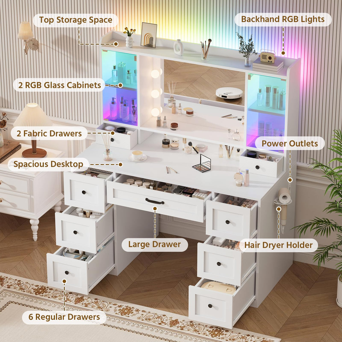 Makeup Vanity Desk with Mirror and Lights, 9 Storage Drawers, 2 RGB Cabinet