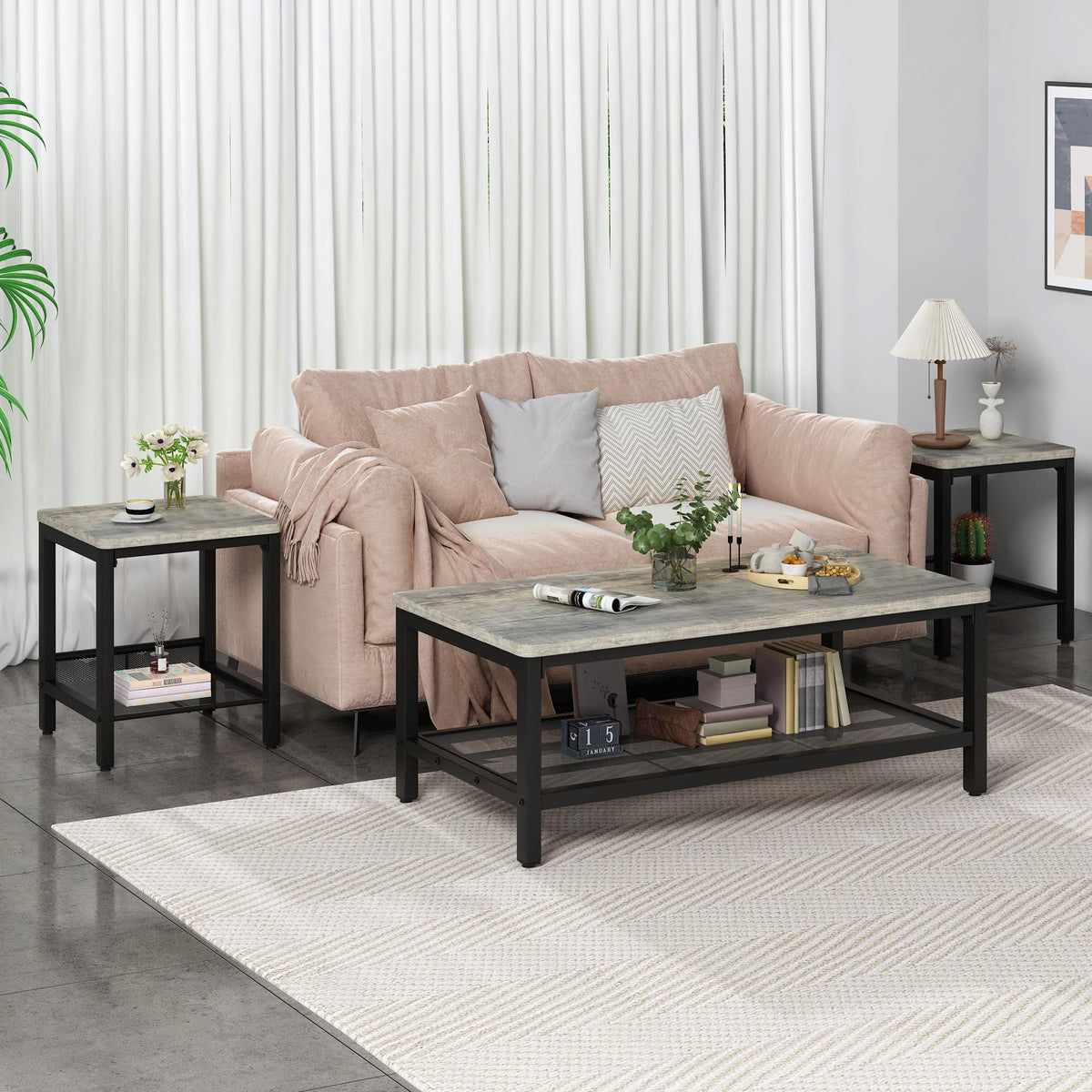 AWQM Coffee Table Set of 3, Coffee Table with 2 Square End Side Tables