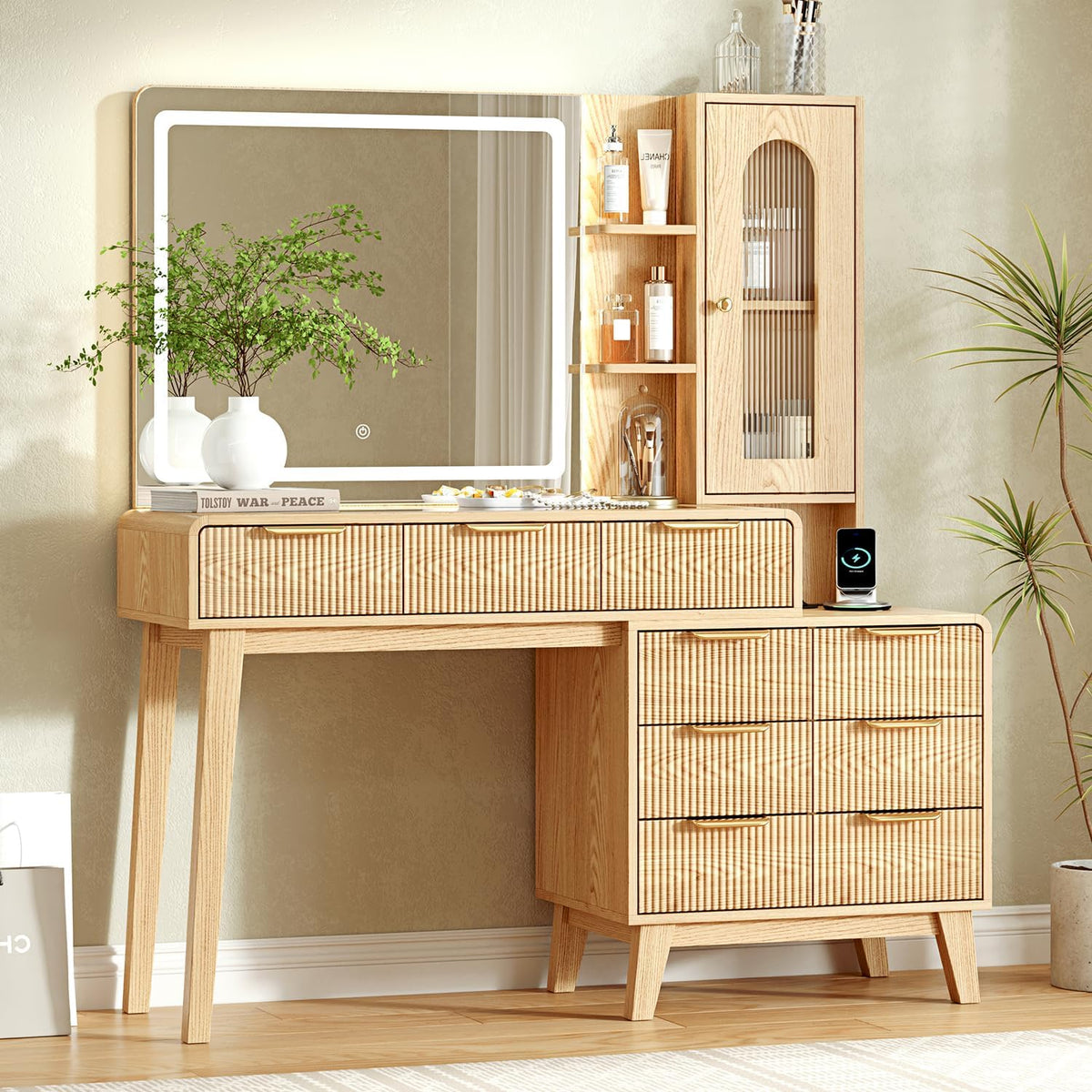 Glass-Top Makeup Vanity with LED Mirror
