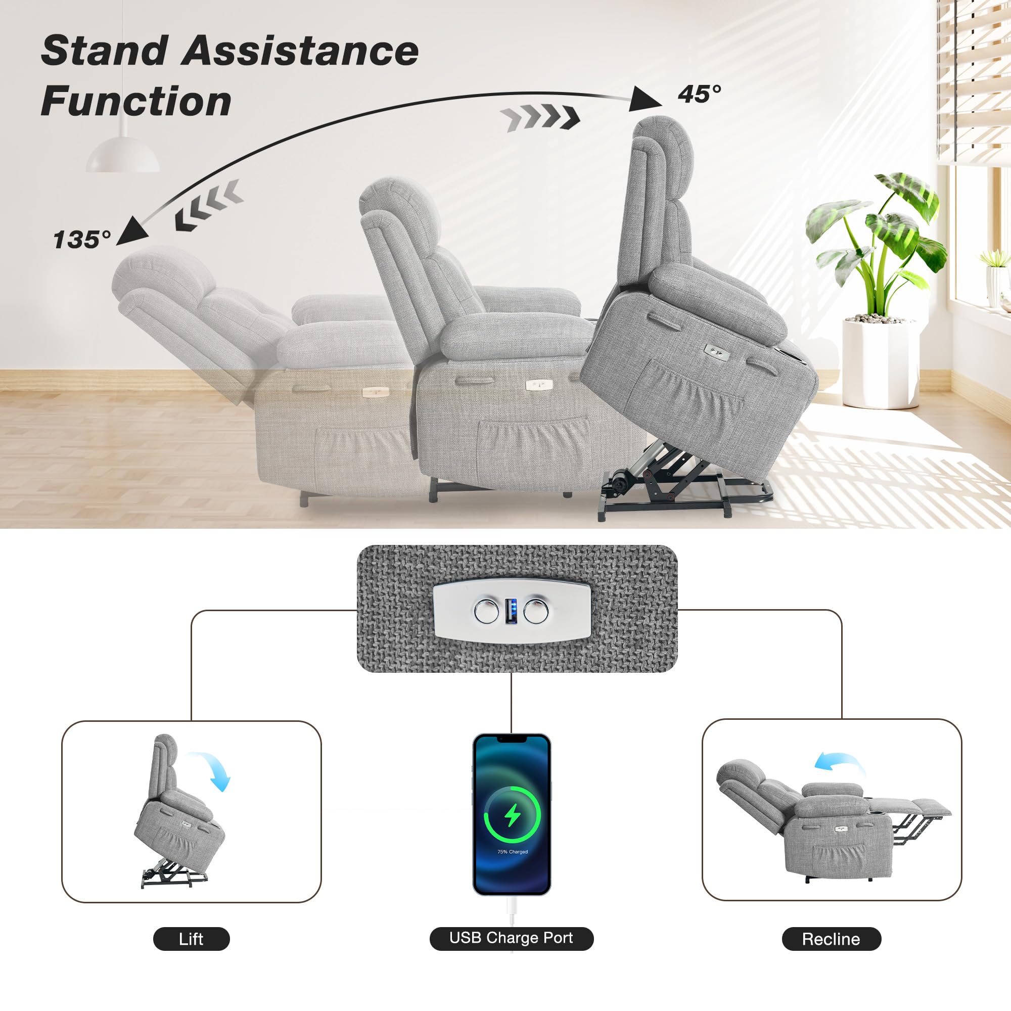 BETISEF Power Lift Recliner Chair for Elderly with Massage & Heat,Linen-Cotton, Electric Recliner with USB Ports, Cup Holders, Side Pockets, Lift Chair for Living Room, Bedroom