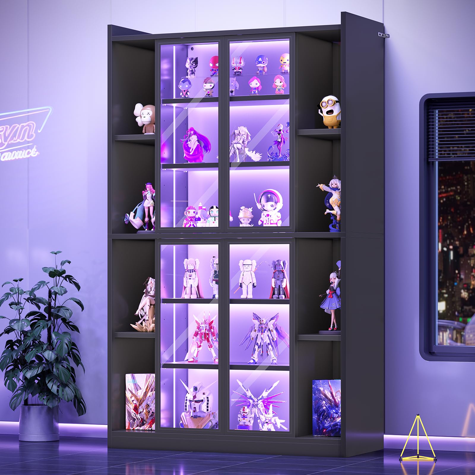 71" Glass Door Display Cabinet with RGB LED Lights & Adjustable Shelves