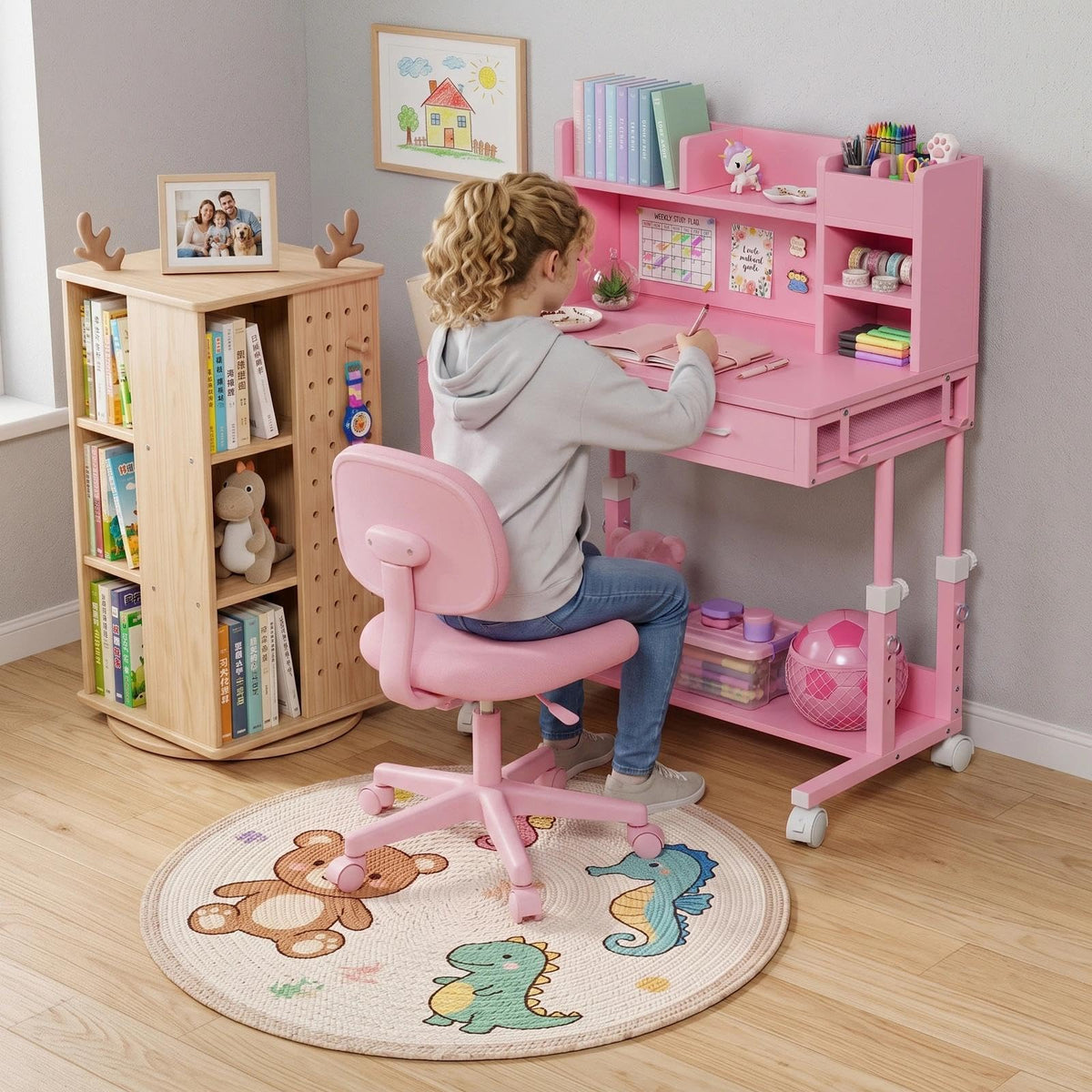 Pink Kids Desk with Hutch, 32" Height Adjustable Mobile Rolling Girls Desk