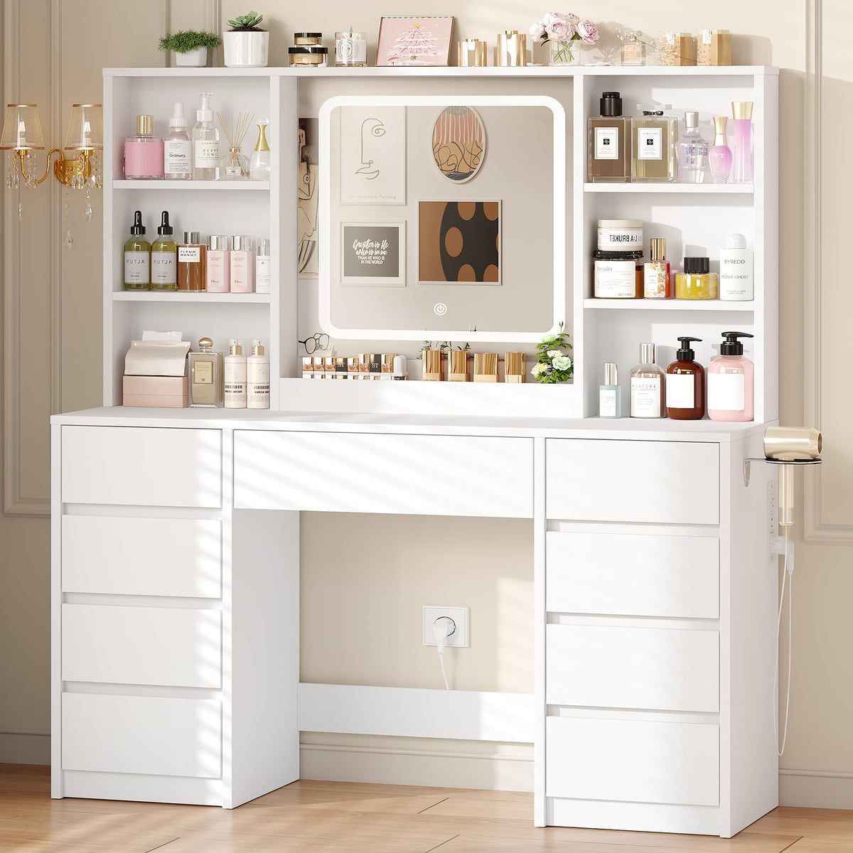 White 9-Drawer LED Makeup Vanity