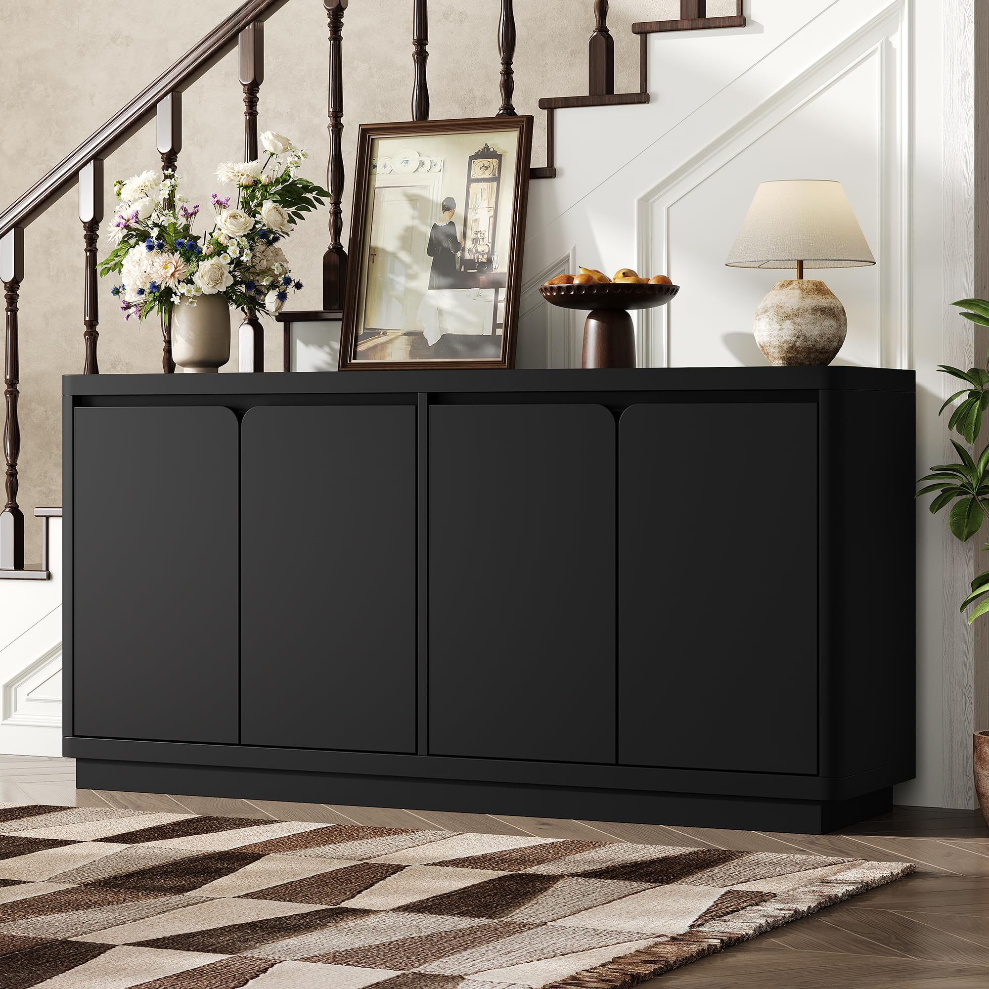 knoworld 63" Buffet Cabinet with Storage & Power Outlet, Wood Sideboard Credenza with Double-Arc Doors, Modern Coffee Bar Console Table for Kitchen Dining Room, Black