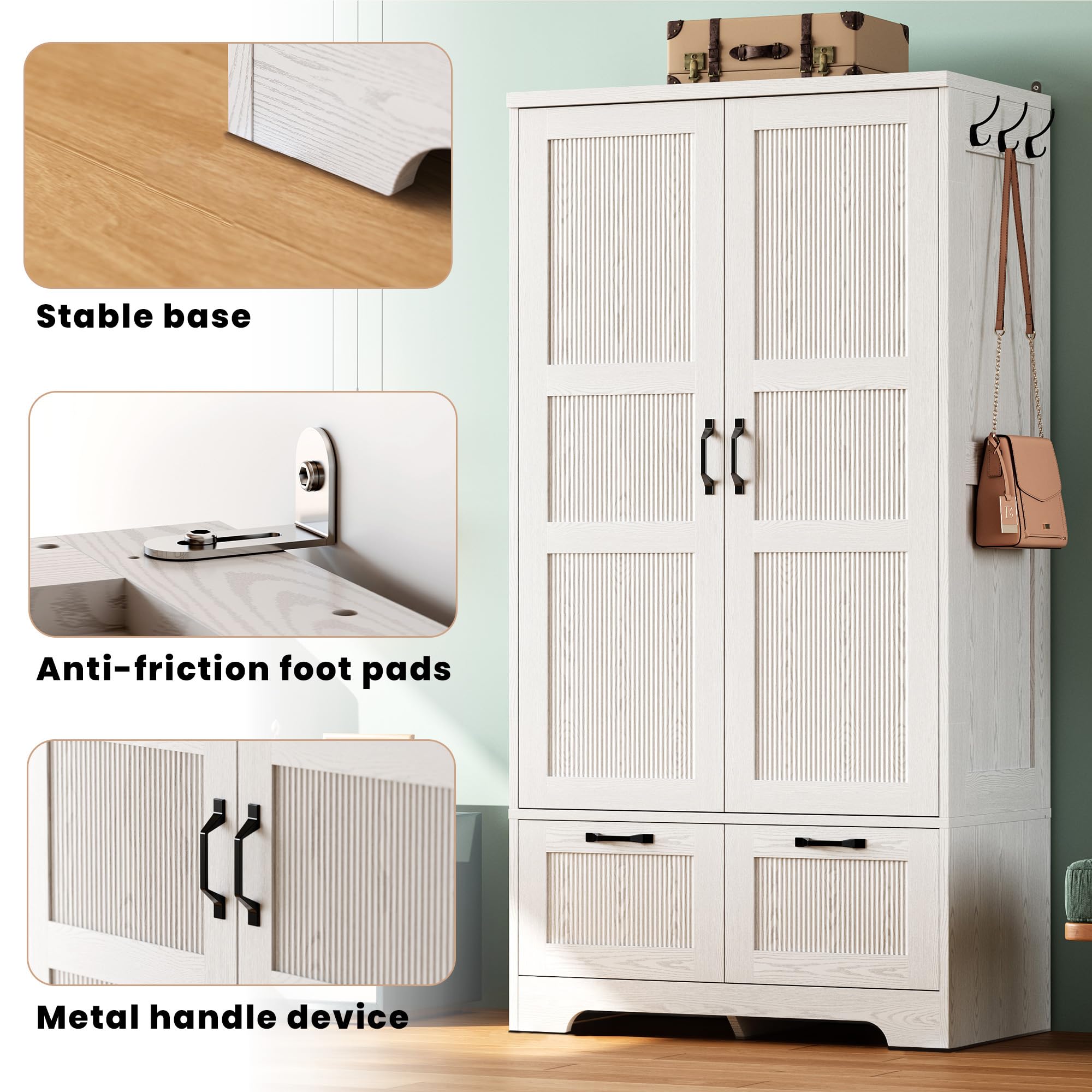 ANCTOR Armoire Wardrobe Closet, 71" H Wooden Clothing Storage Cabinet with 2 Doors and 2 Drawers, Bedroom Freestanding Wardrobe Combination with Hanging Rod and Shelves, White