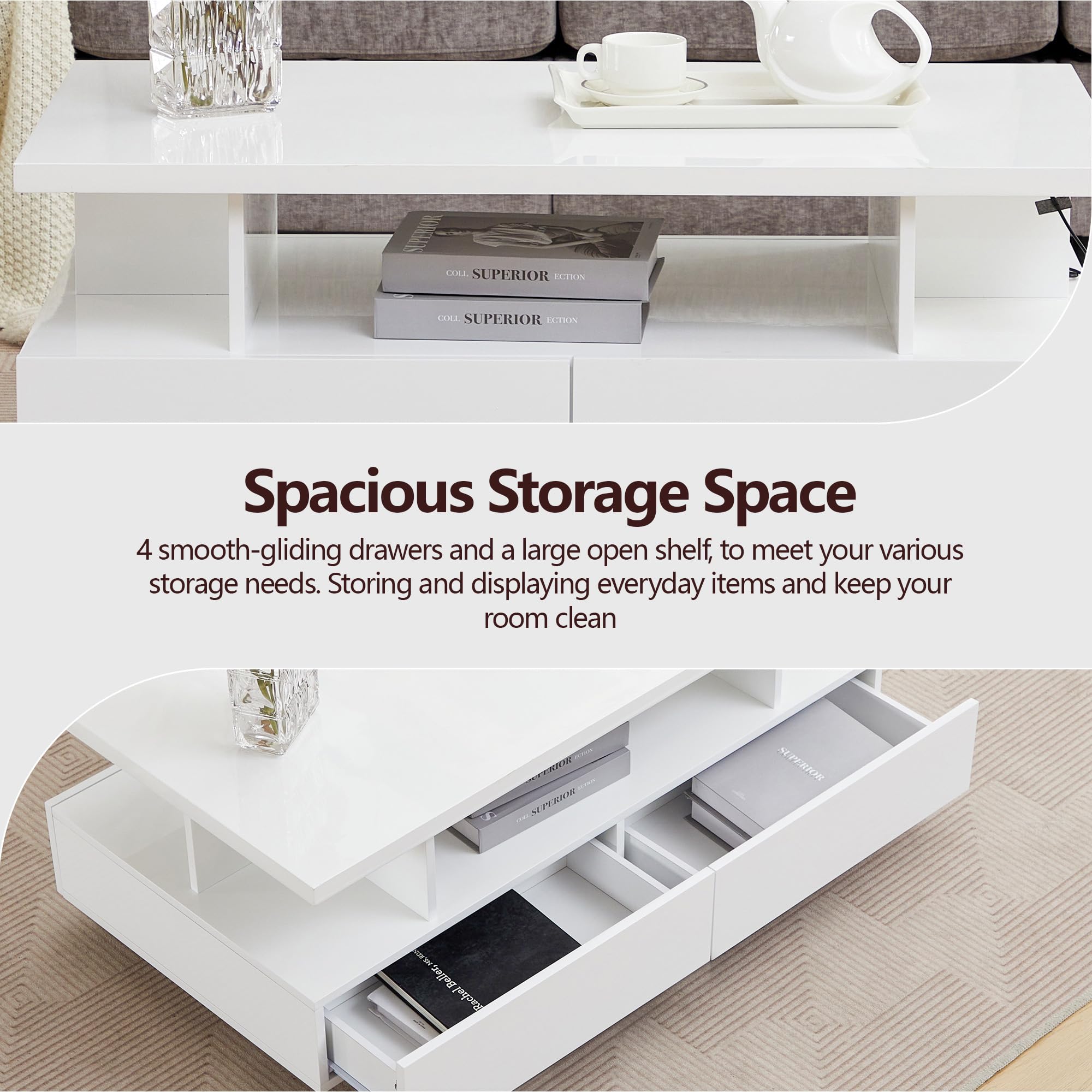 Tltaroni LED Coffee Table, Modern High Glossy Living Room Table with 4 Drawers and Open Display Shelf Wood Rectangle Center Tables with Storage for Living Room, White