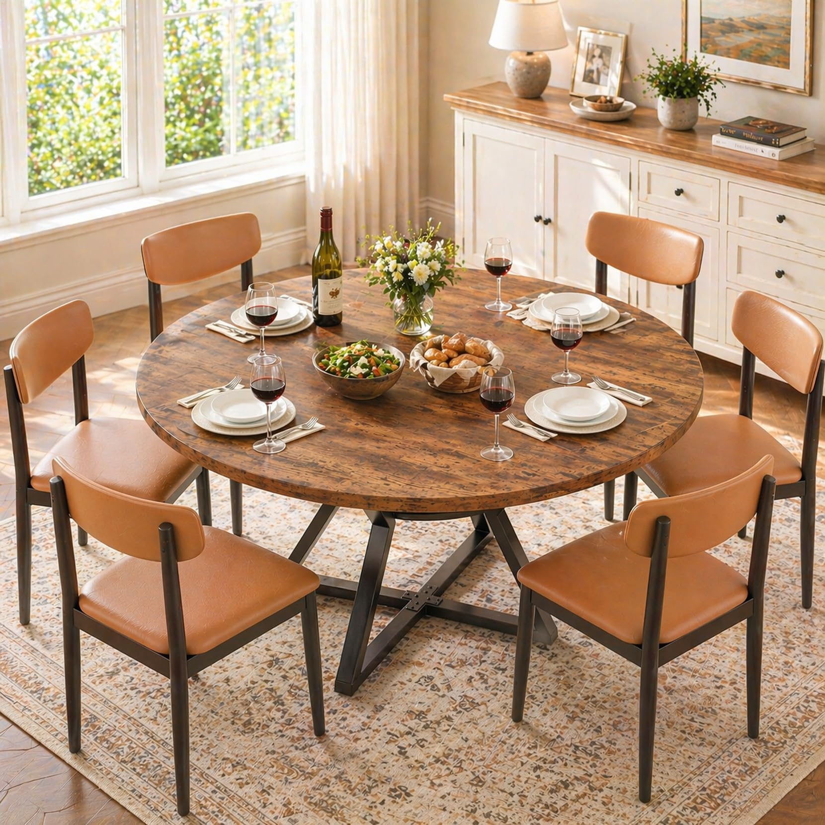 Concho 55" Round Table for 4-6, Circle Dining Dinner Table with Pedestal Metal Frame, Space Saving Wood Kitchen & Dining Room Furniture, Farmhouse Brown