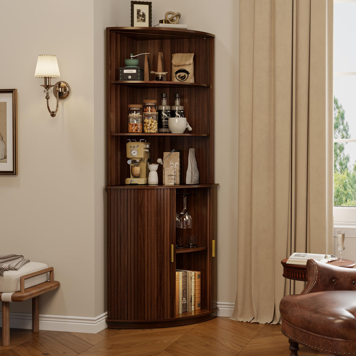 DHH 71" Tall Corner Bar Cabinet with LED Light & Wine Glass Holder(Walnut)