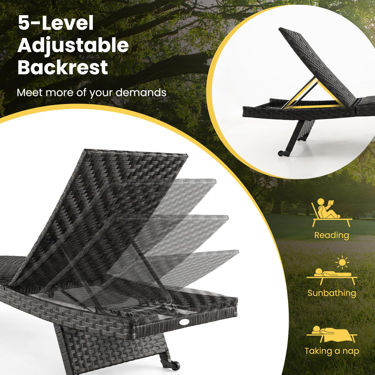 Tangkula Folding Patio Chaise, Quick Dry Foam Padded All Weather Resistant Rattan Lounge Chair with 5-Level Adjustable Backrest & Rear Wheels, Outdoor Wicker Recliner for Backyard, Garden (1)