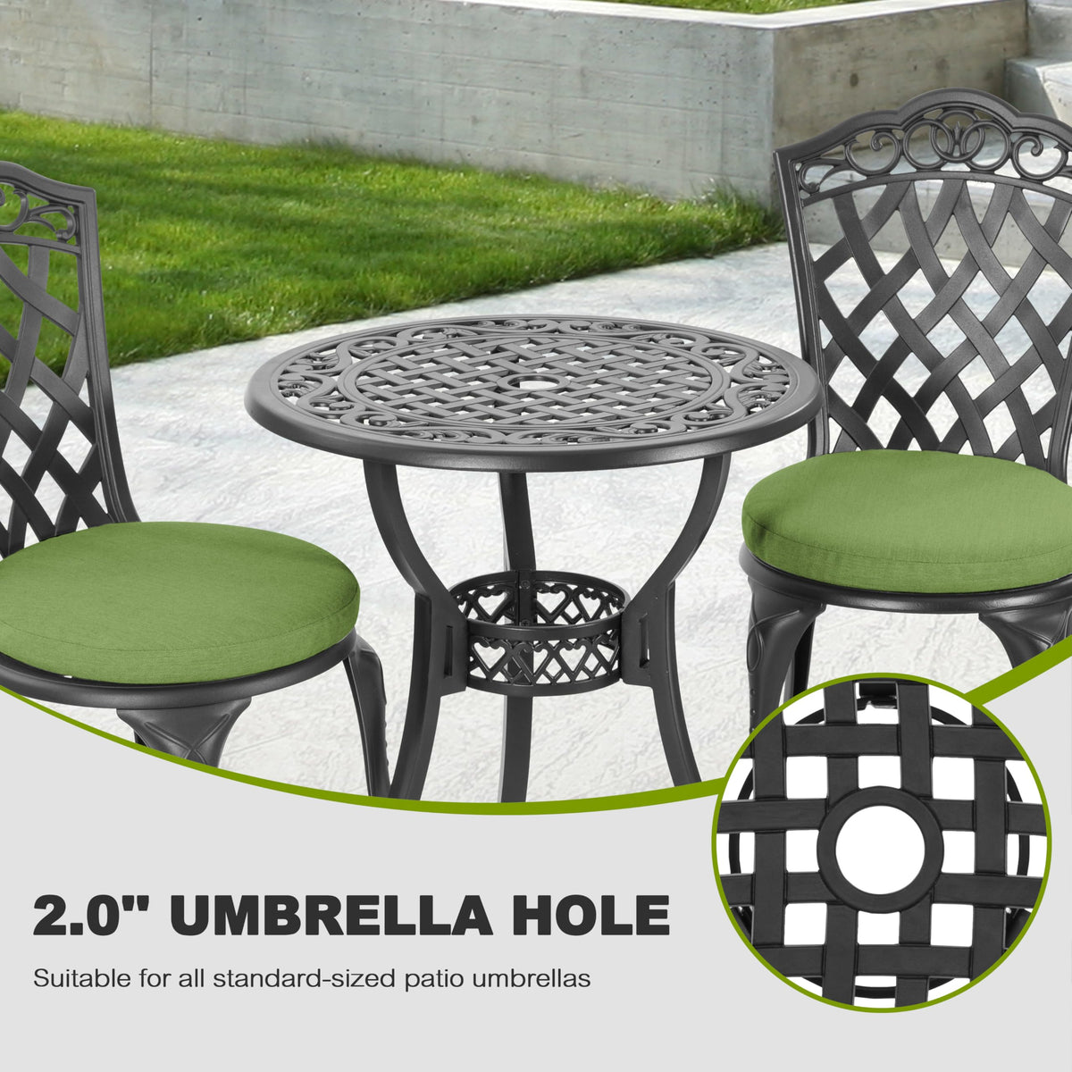 NUU GARDEN 3-Piece Patio Bistro Set Outdoor Cast Aluminum Bistro Table and Chairs Set of 2, Outdoor Patio Bistro Set with Umbrella Hole and Green Cushions for Patio Balcony, Black