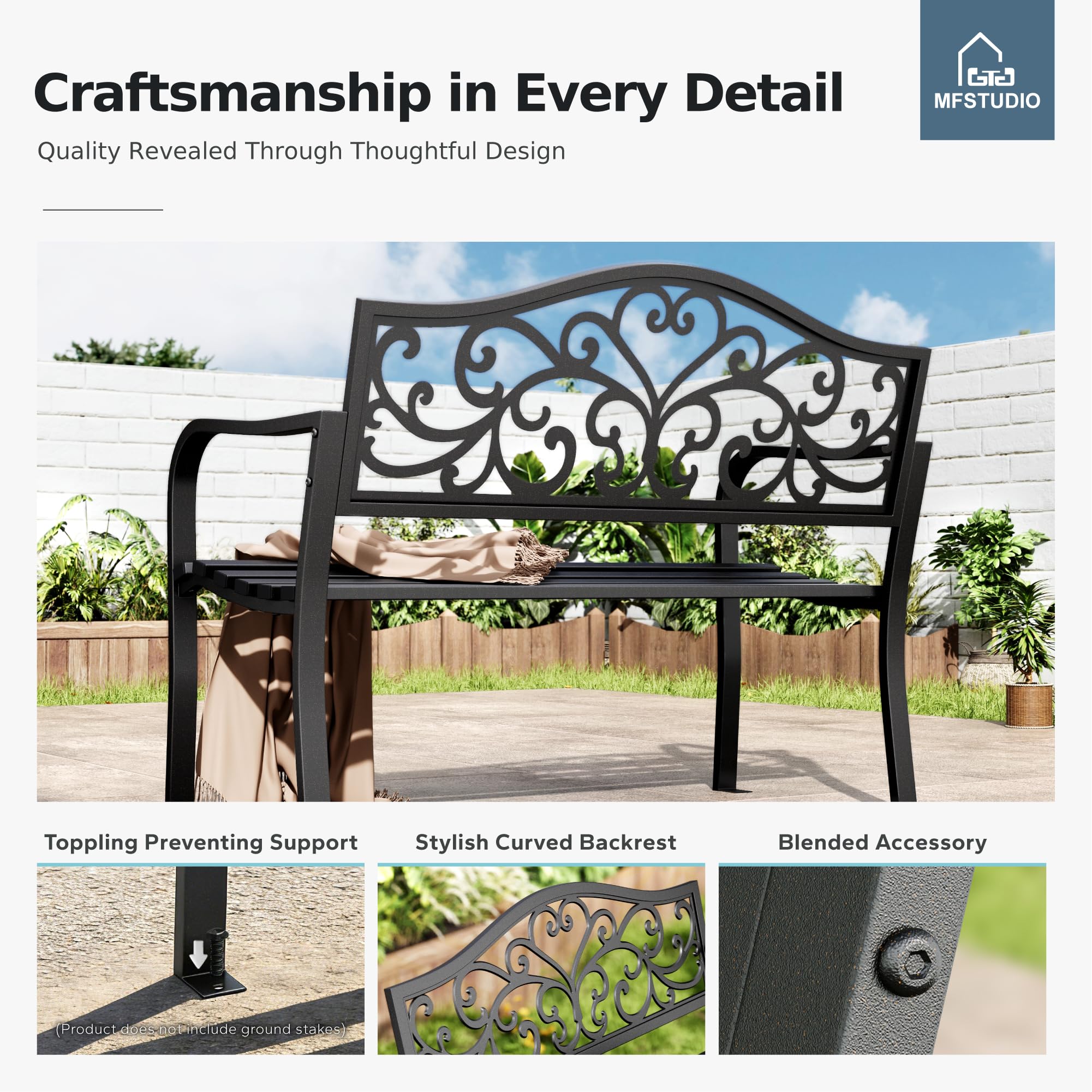 Outdoor Garden Bench with Floral Pattern Backrest