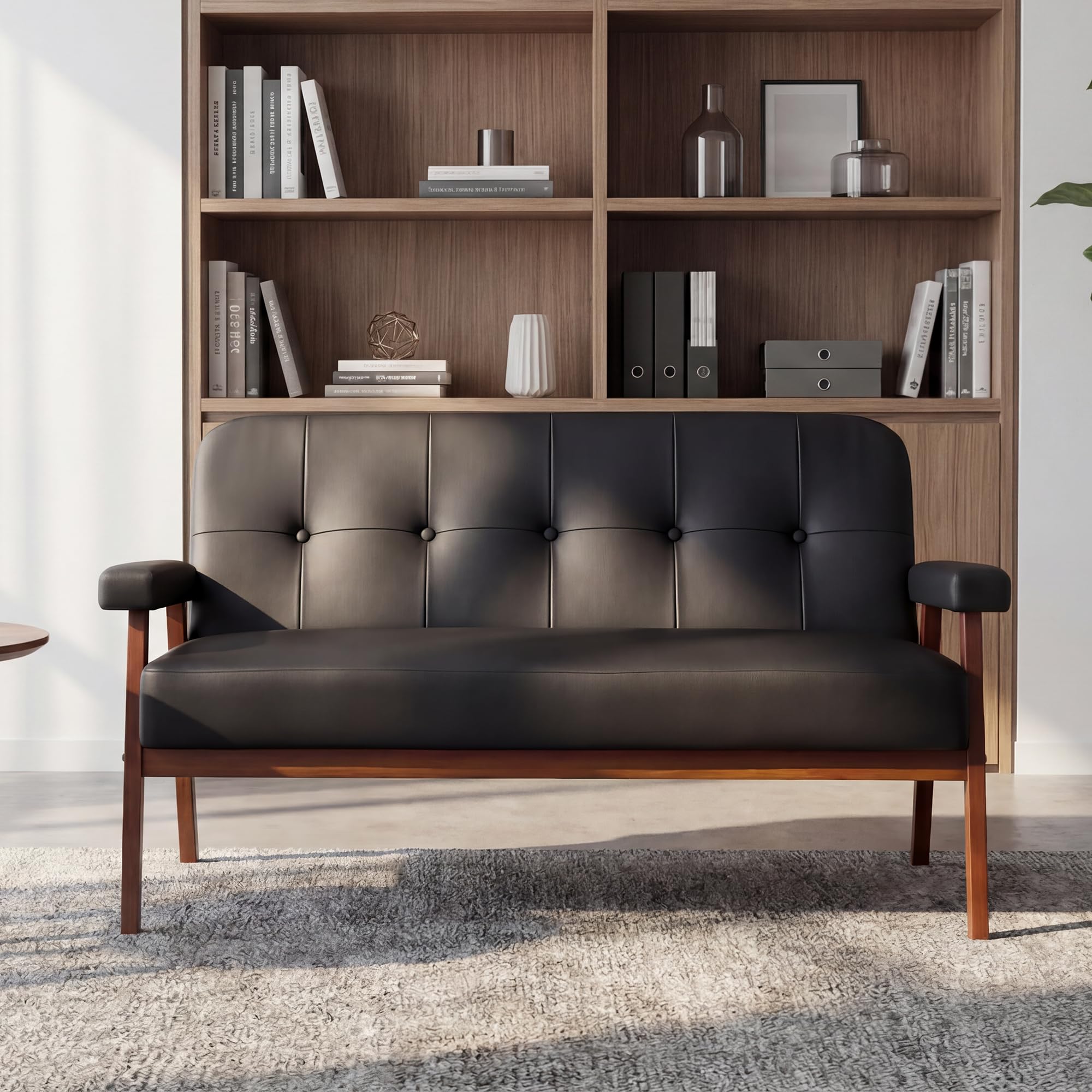 STHOUYN 50”W Black Faux Leather Small Office Couch Loveseat Sofa with Wood Arms, Mid Century Modern Love Seat Sofas Lounge Armchair Living Room Bedroom (Black (loveseat))