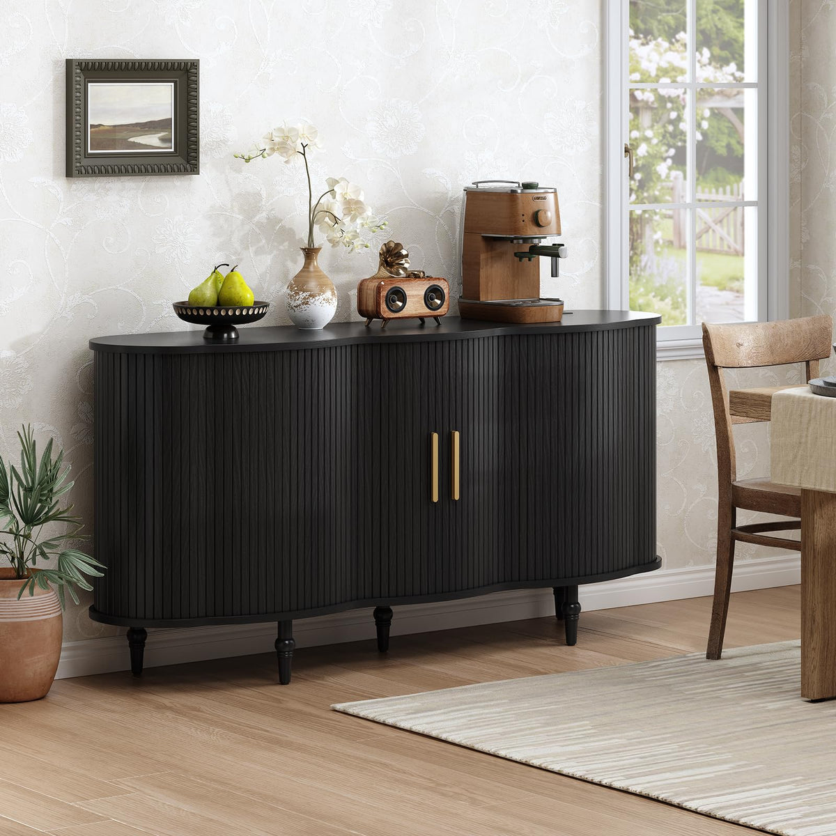 ONBRILL 63" Fluted Sideboard Buffet Cabinet with Storage (Black)