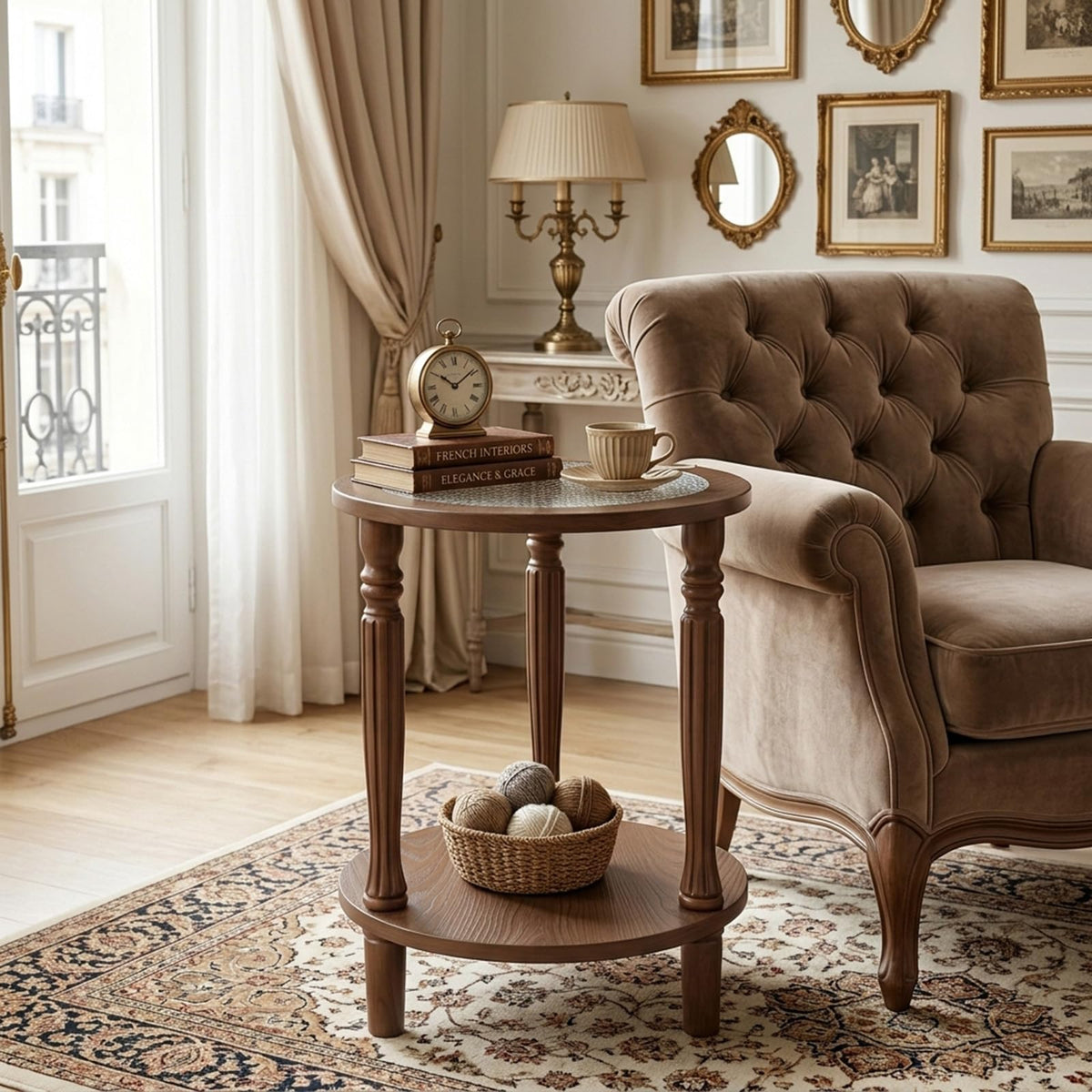 Huquczm Walnut Brown Round 2‑Tier French Vintage End Table with Glass