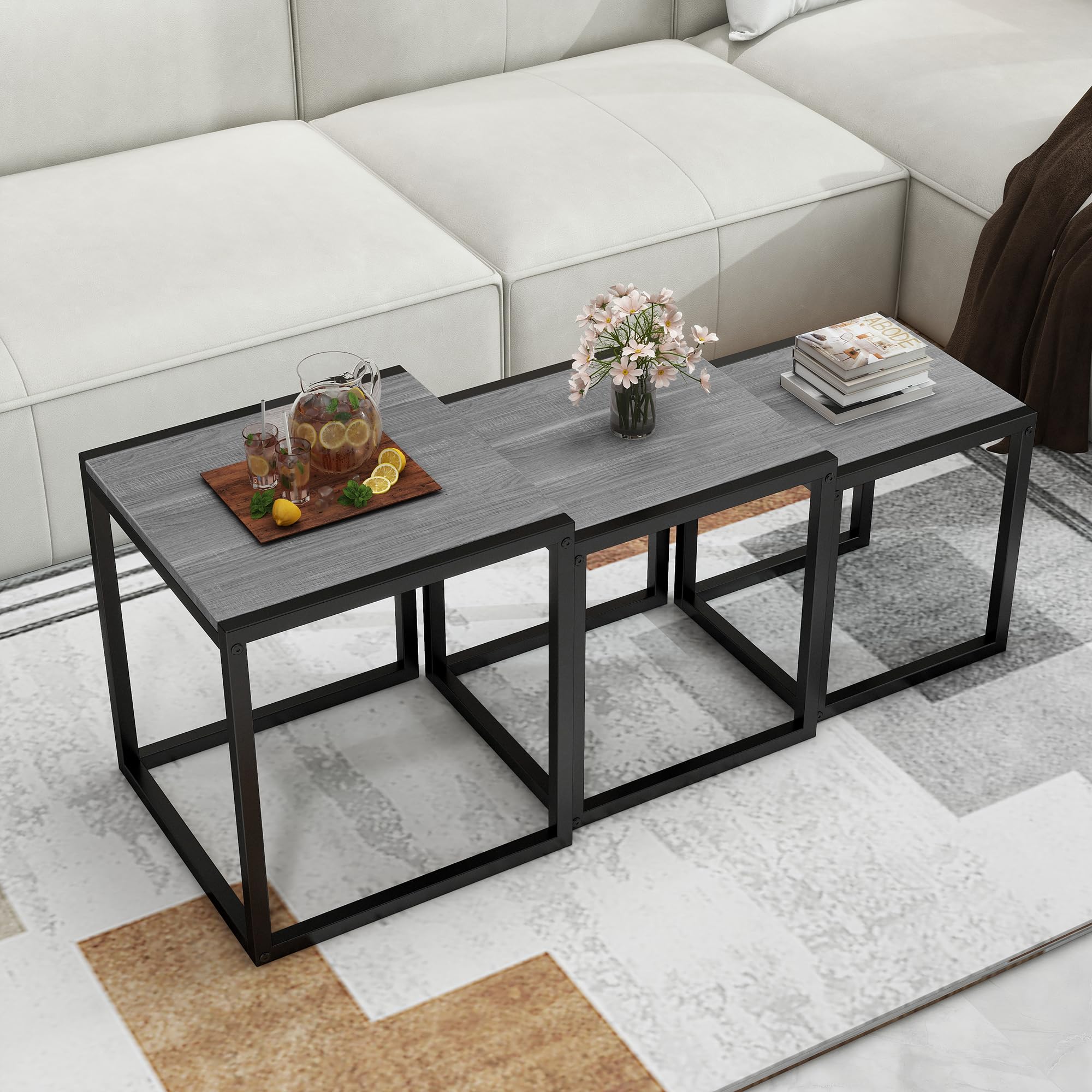 Nesting Side Table Set of 3 with Metal Frame