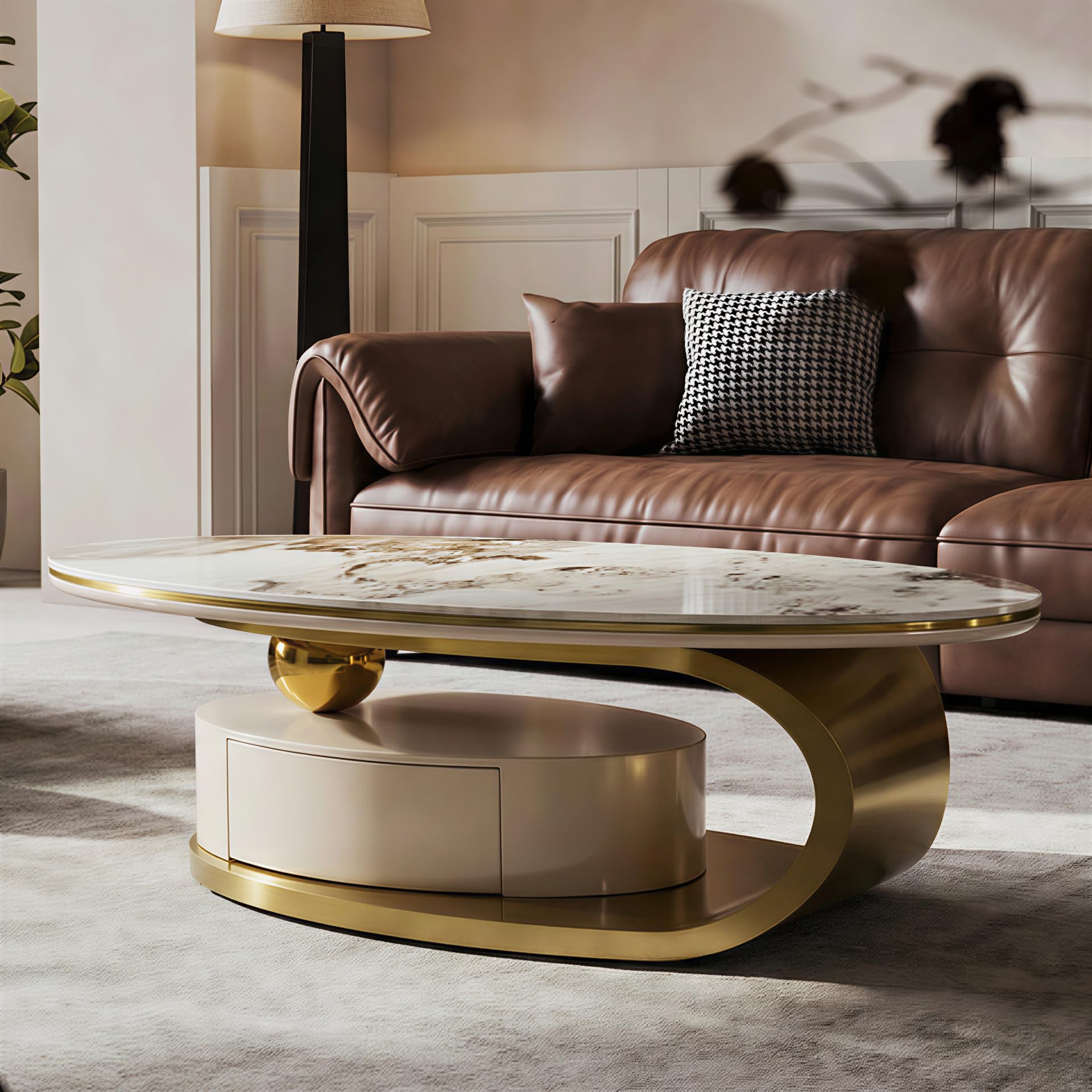 Oval Coffee Table with Faux Stone Top & Gold Steel Base