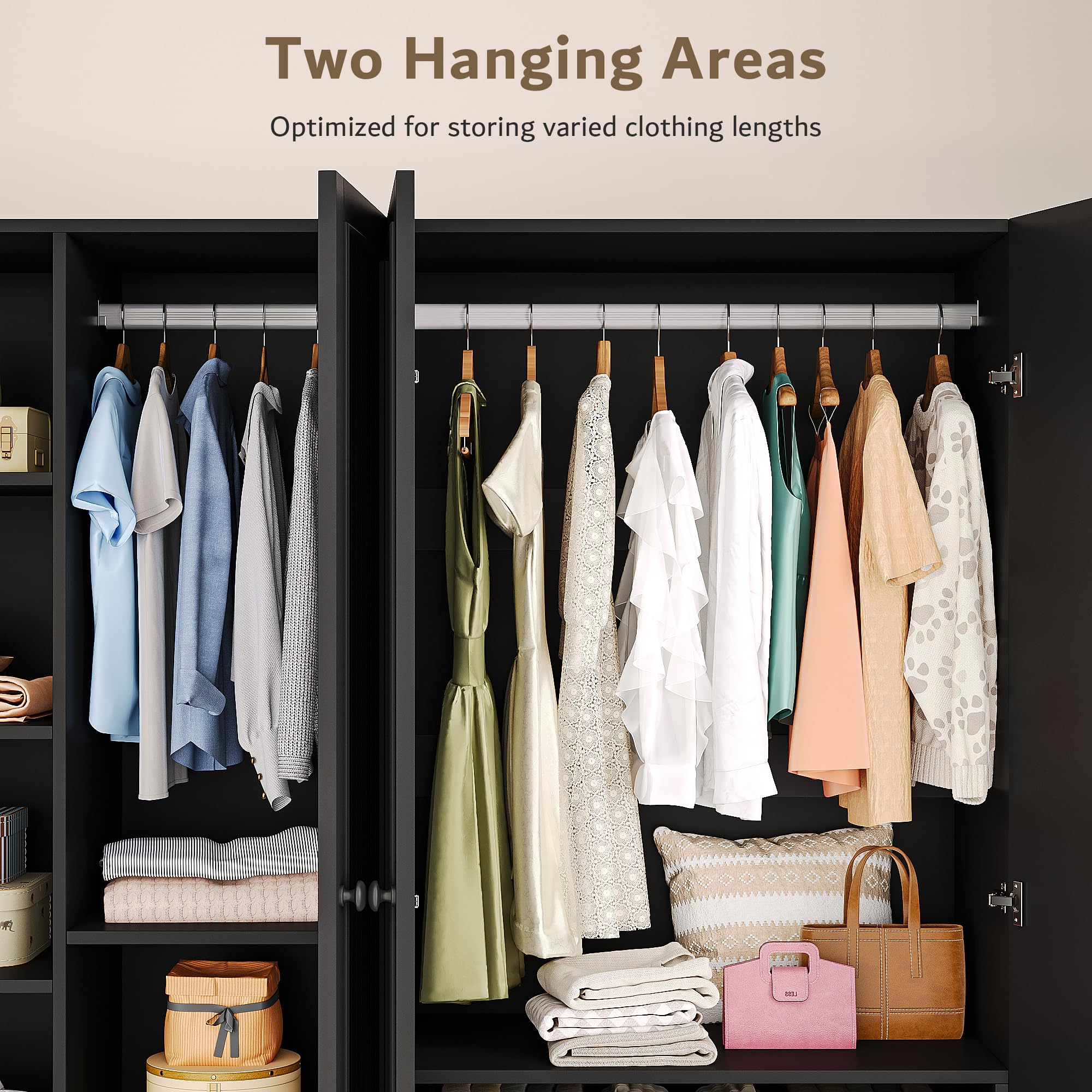 iPormis 4 Doors Armoire Wardrobe Closet with 2 Drawers, 63" Large Wardrobe Cabinet with Removable Hanging Rods and Adjustable Shelves, Closet Storage Cabinet for Bedroom, Cloak Room, Black