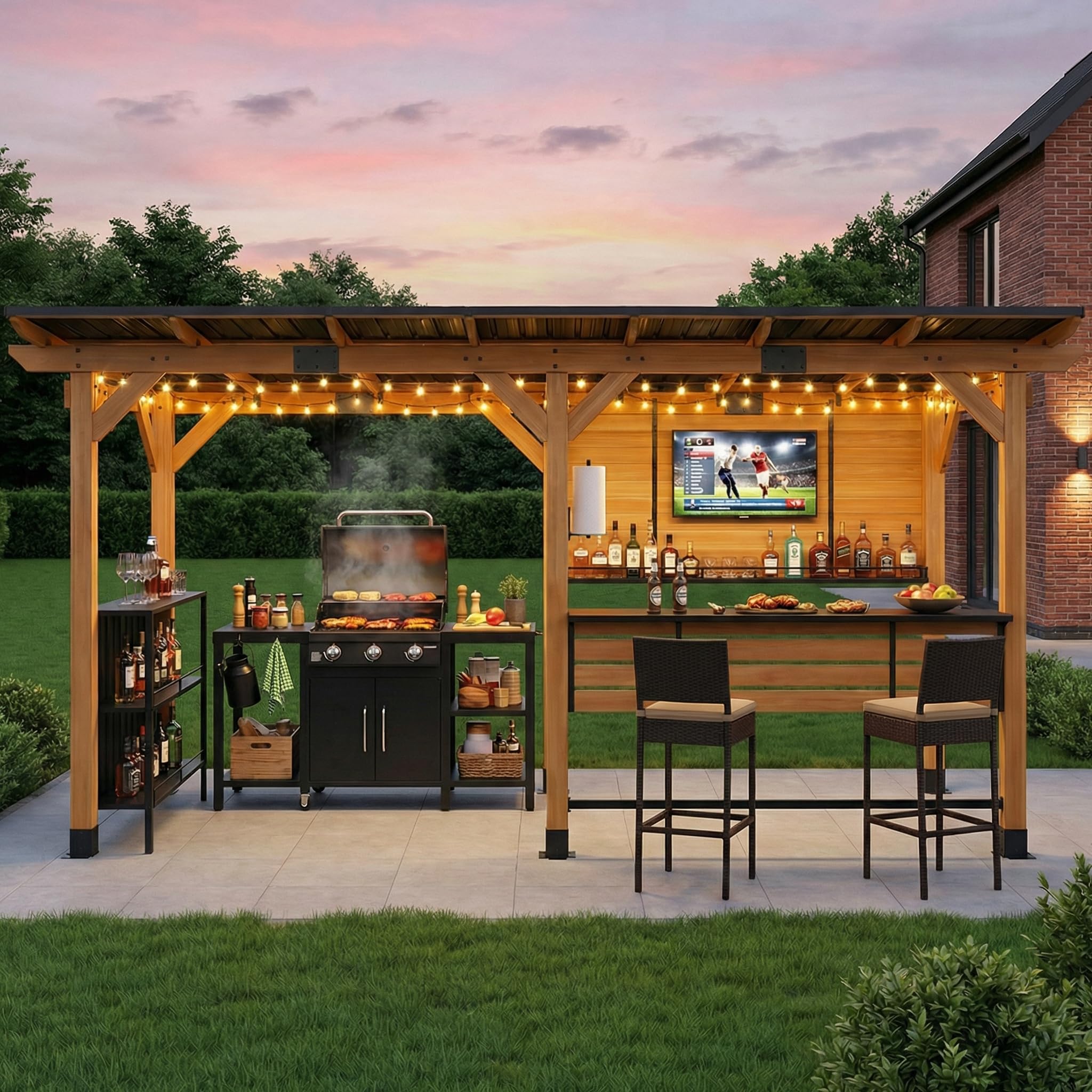 Cedar Wood Entertainment Bar Center - Modern Outdoor Bar Gazebo with Galvanized Steel Roof & TV Support Bracket (Natural Color, 6 * 14)