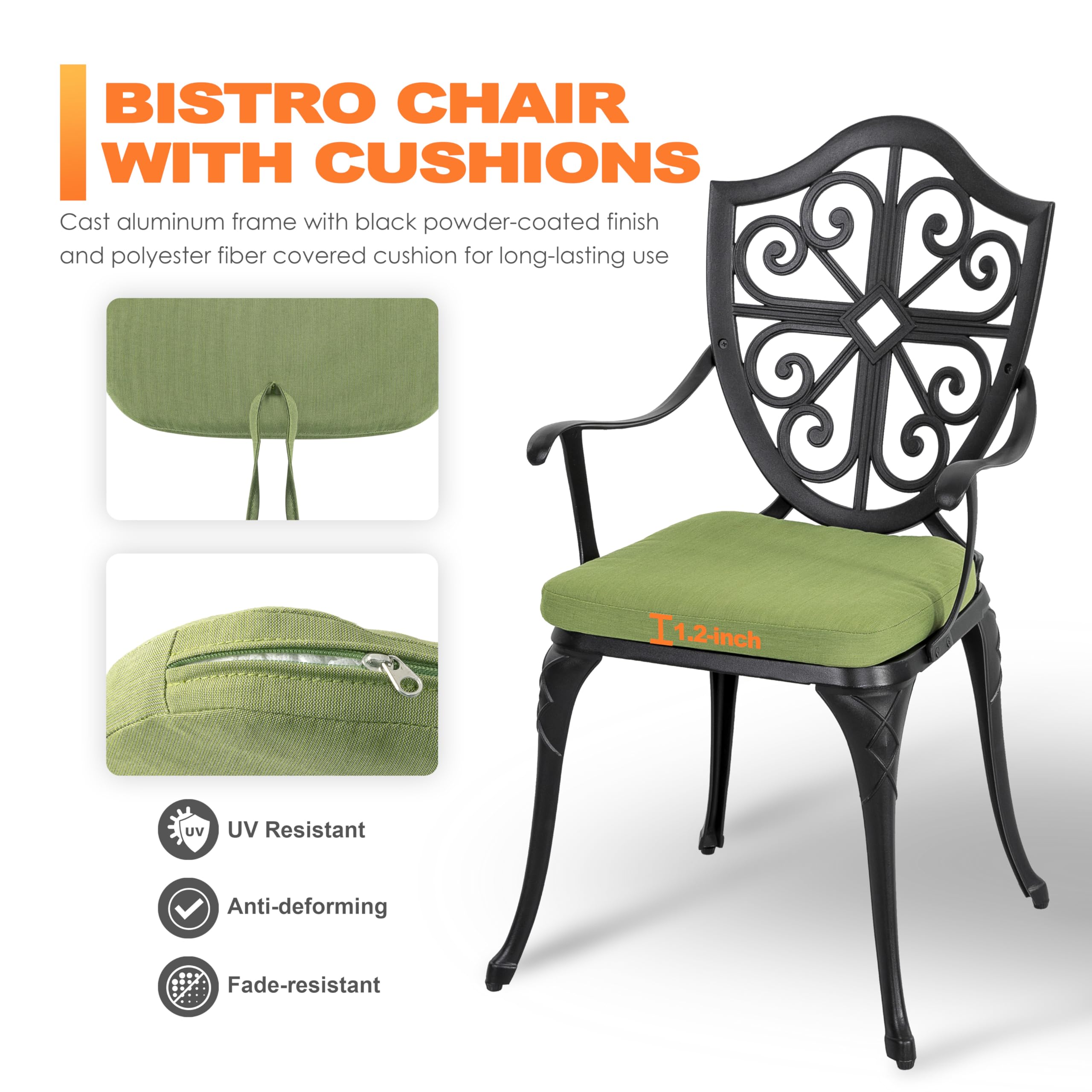 Outdoor 3-Piece Cast Aluminum Bistro Set with Cushions