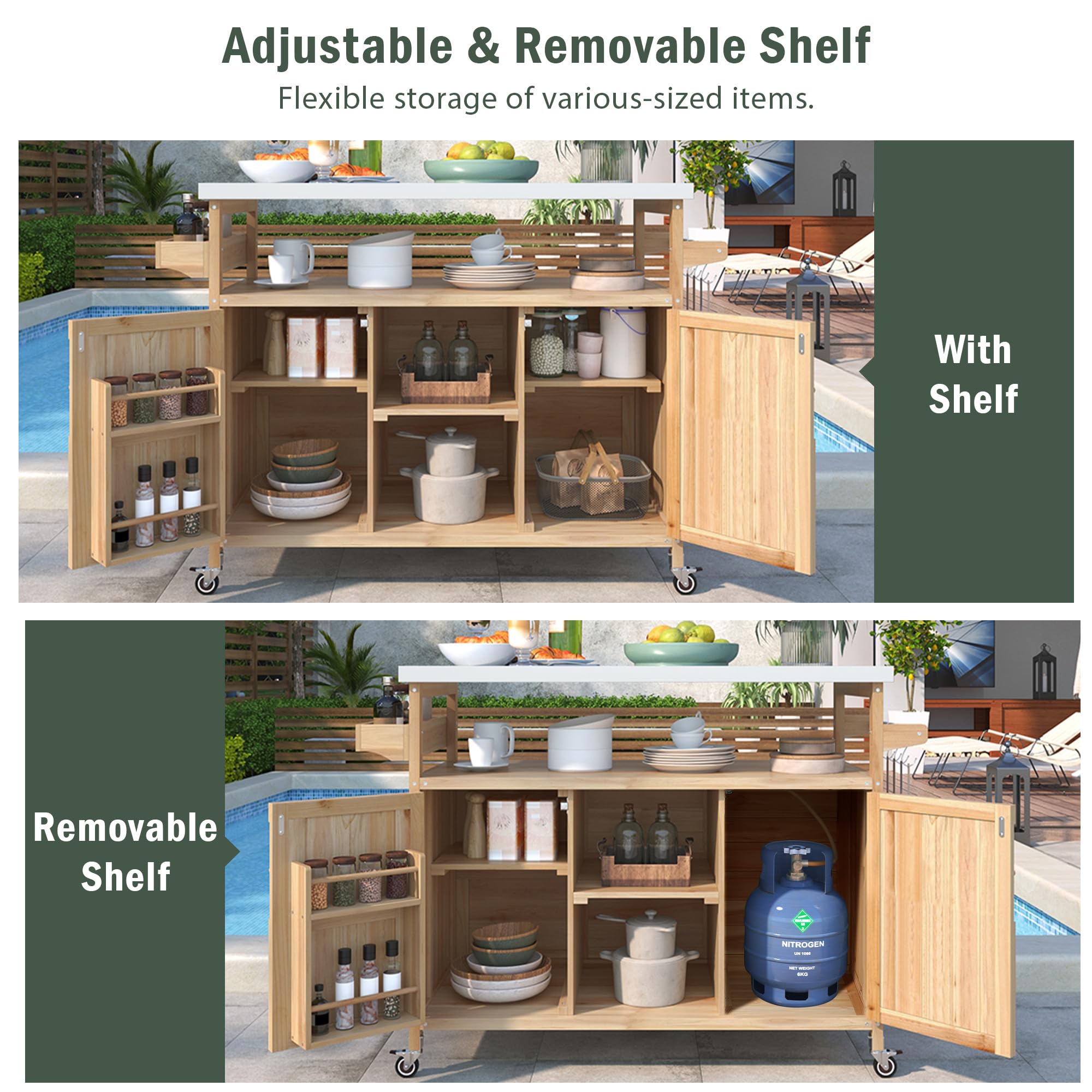 Outdoor Kitchen Rolling Bar Cart with Storage Cabinet, Farmhouse Solid Wood Outdoor Grill Table with Stainless Steel Top, Spice Rack and Towel Rack, Perfect for Barbecue Poolside Patio (Natural)