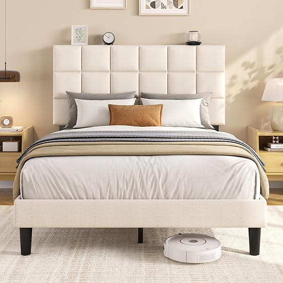 Platform Bed Frame with Adjustable Upholstered Headboard