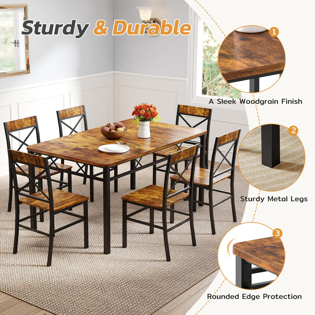 Zevemomo 7-Piece Dining Table Set, Kitchen Table Chairs Set of 6, Brown