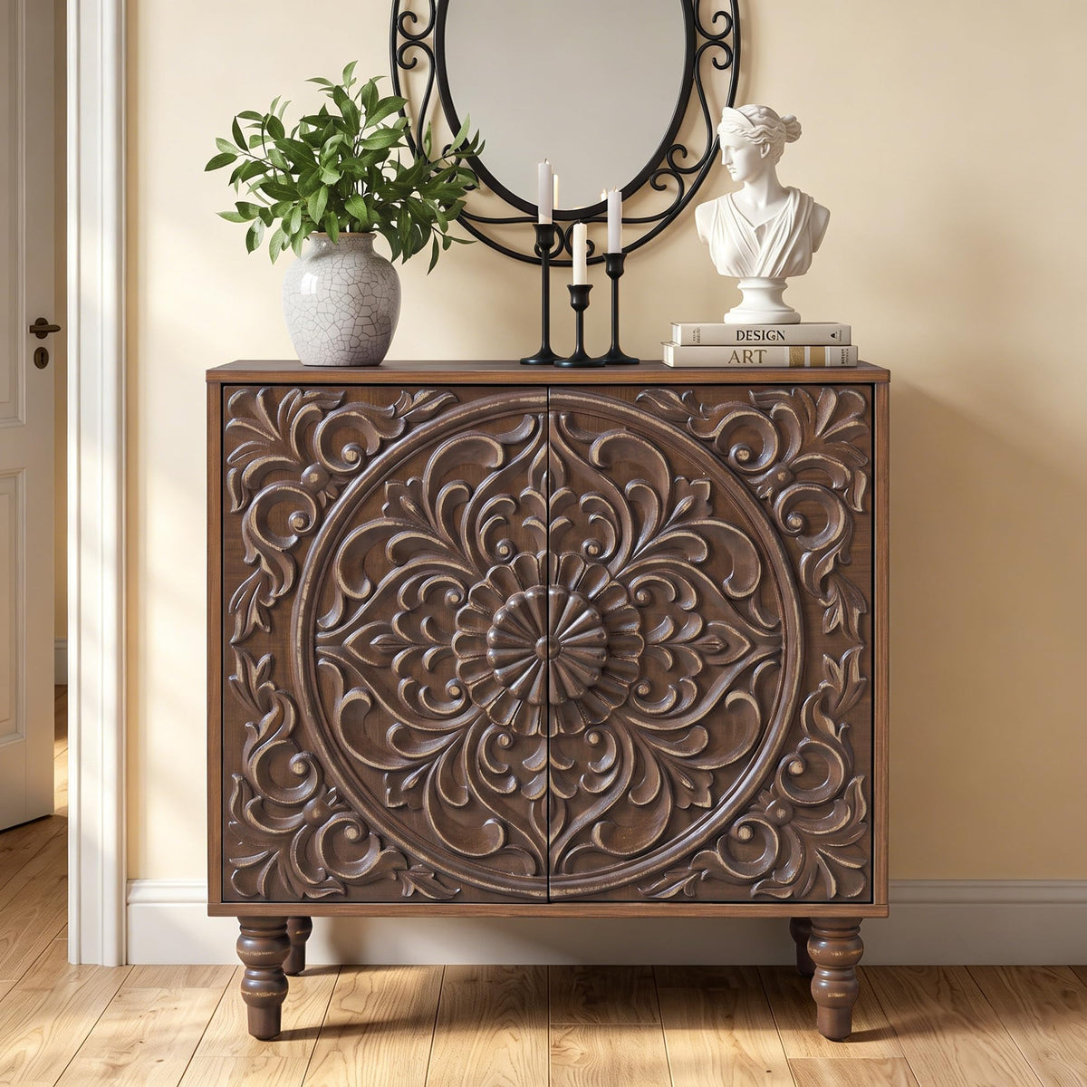 Carved Floral Accent Cabinet