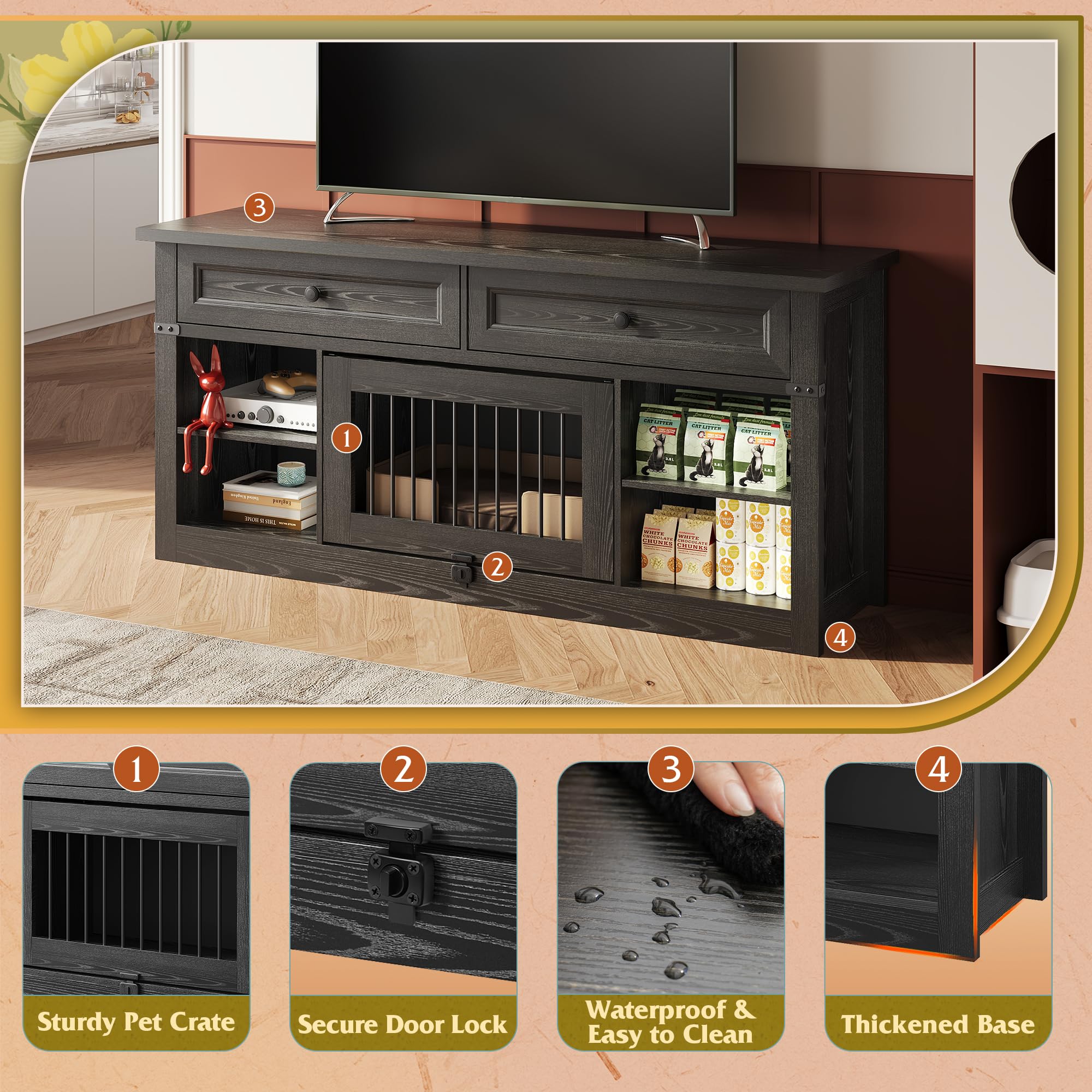 TV Stand with Pet Crate & Storage Drawers