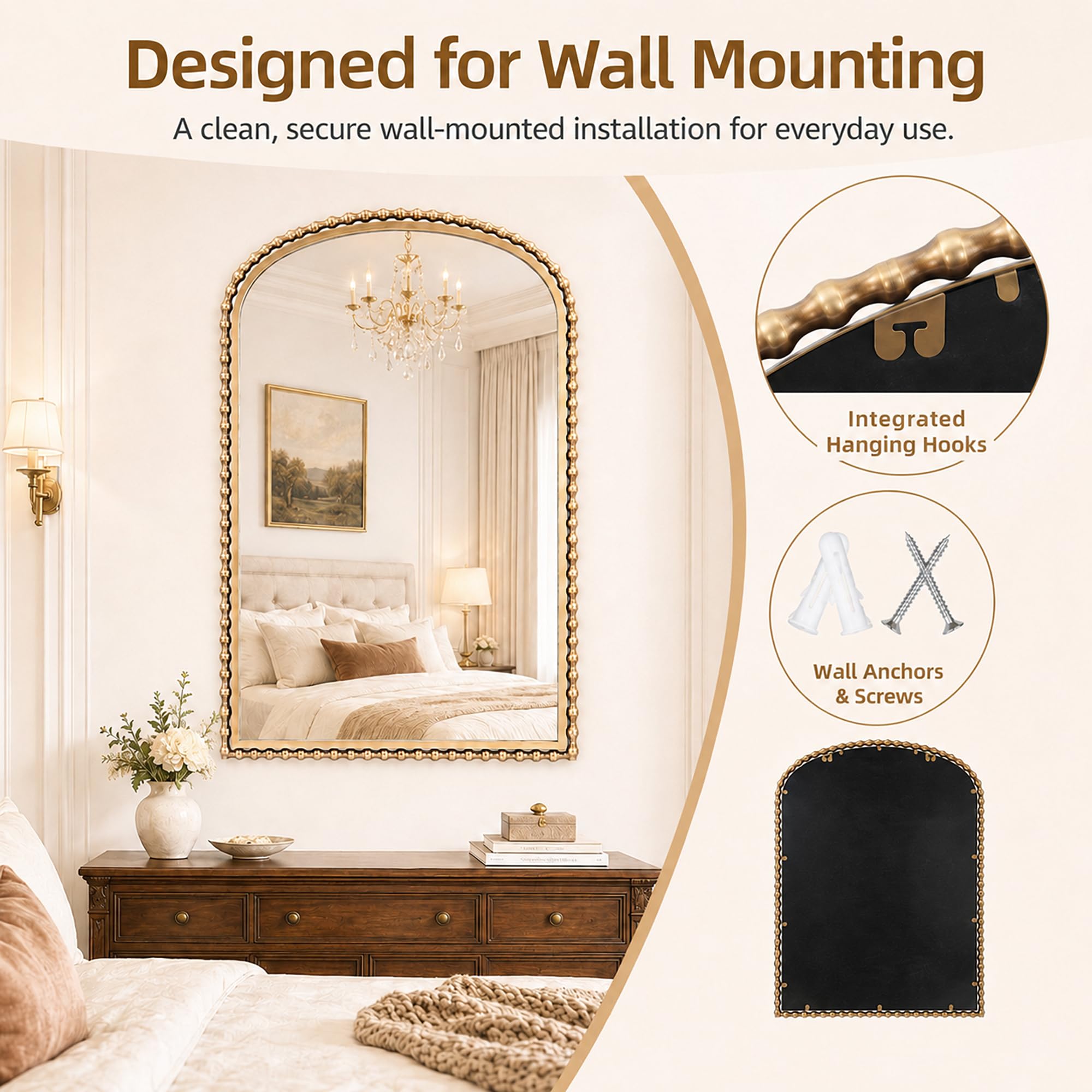 CAVINHOME 30x40 Inch Arched Wall Mirror, Antique Gold Beaded Metal Frame, Large Vertical Wall Mirror for Entryway, Bedroom or Hallway, Decorative Wall Mounted Mirror