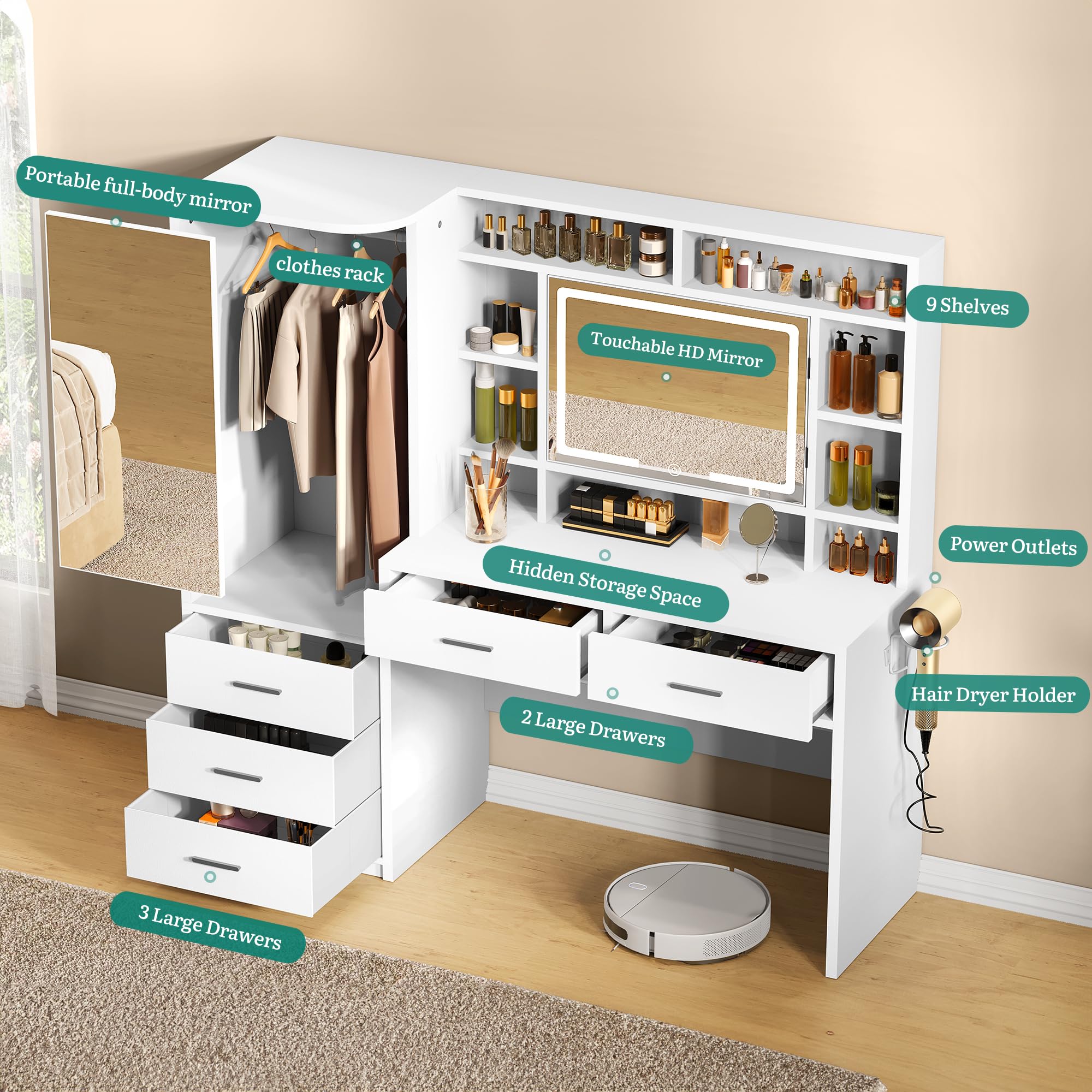 YITAHOME Vanity Desk with Mirror & Lights, 59" Large Makeup Vanity with Power Outlets and 5 Drawers, 3 Lighting Modes Dressing Table
