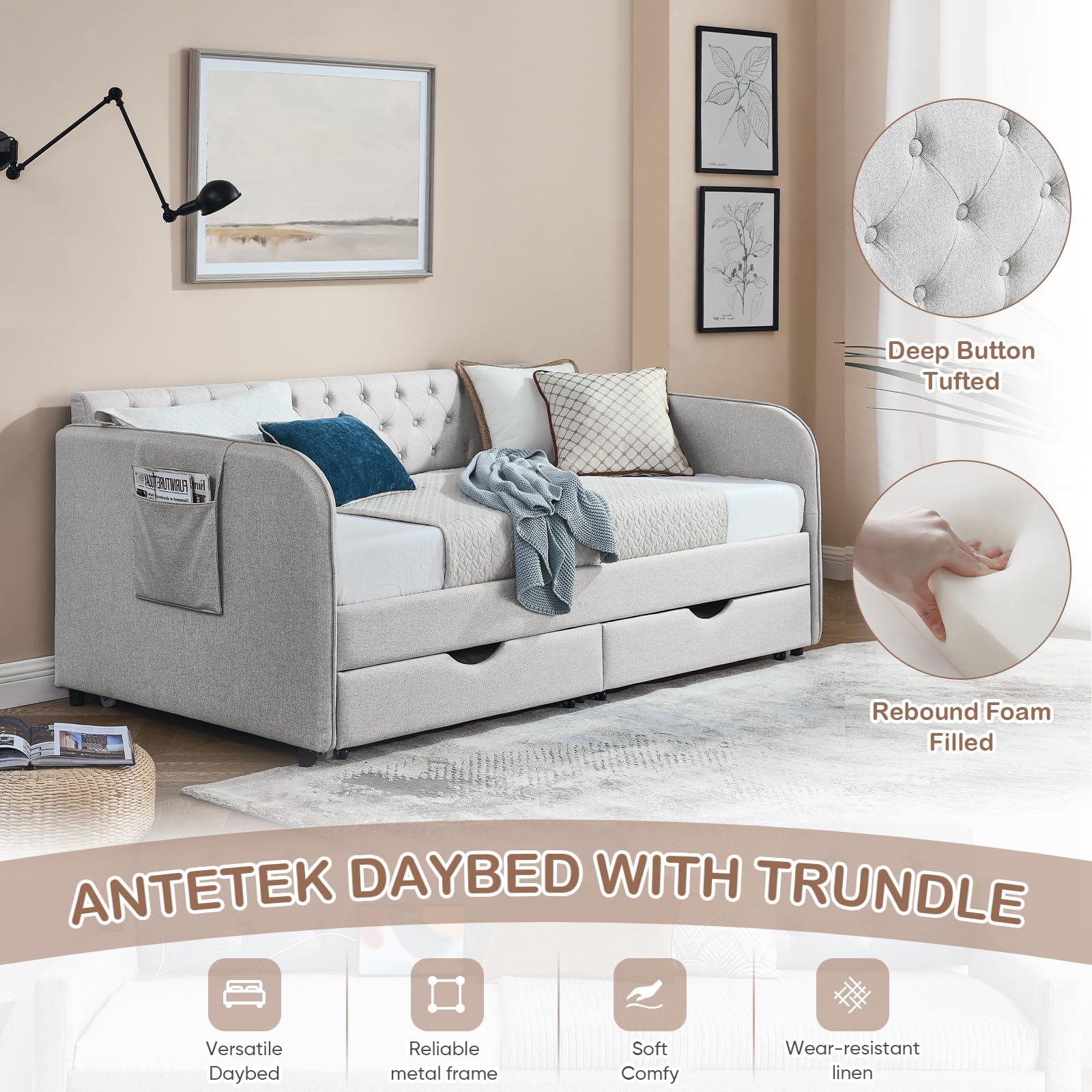 Antetek 80.5" Daybed with Drawer, Modern Button Tufted Linen Day Bed with Trundle Bed Twin to King, Upholstered Daybed Frame w/Storage Pocket for Bedroom, Living Room, No Box Spring Needed, Beige