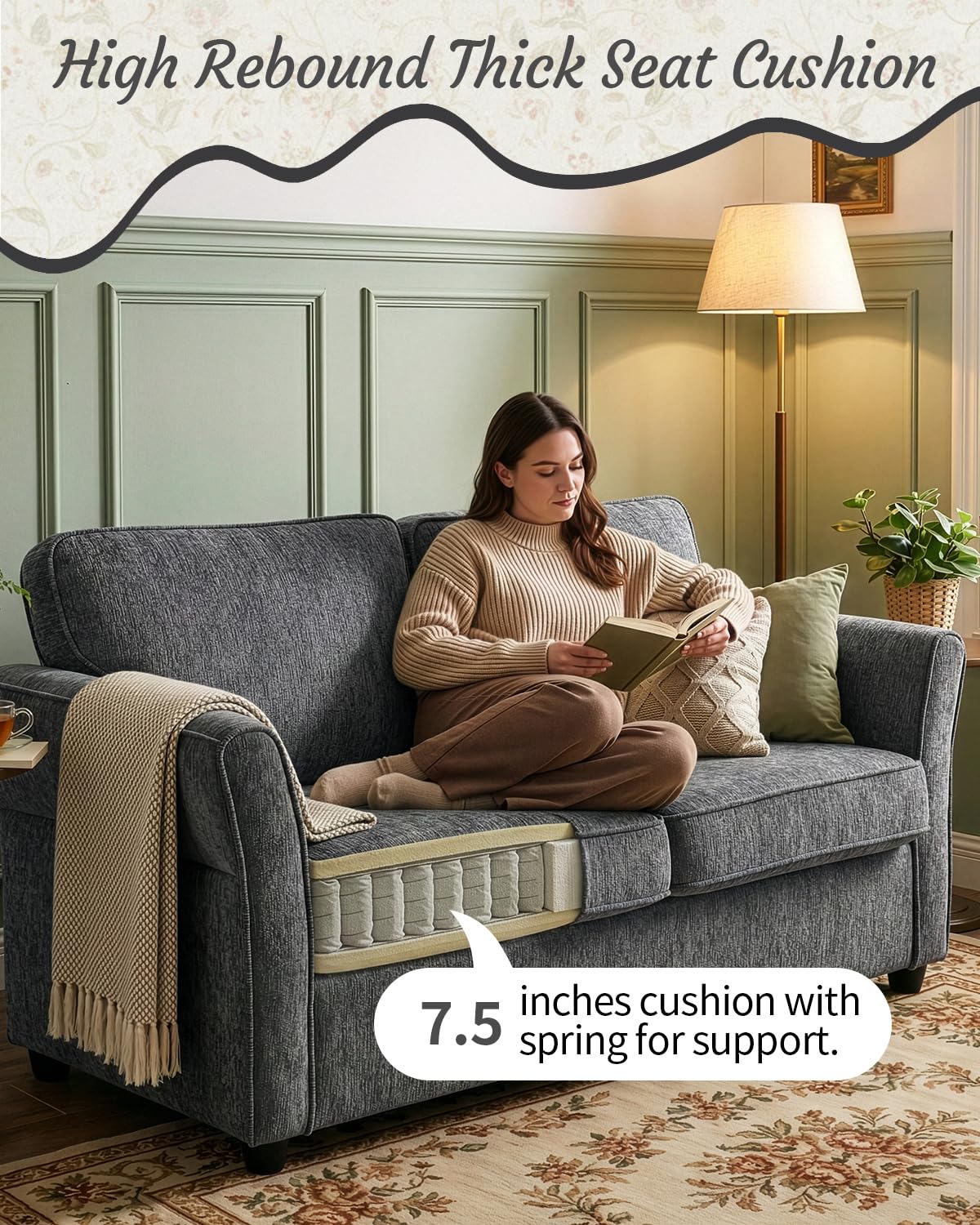 Chenille Loveseat with Outward Arms, Spring Cushion & Removable Covers