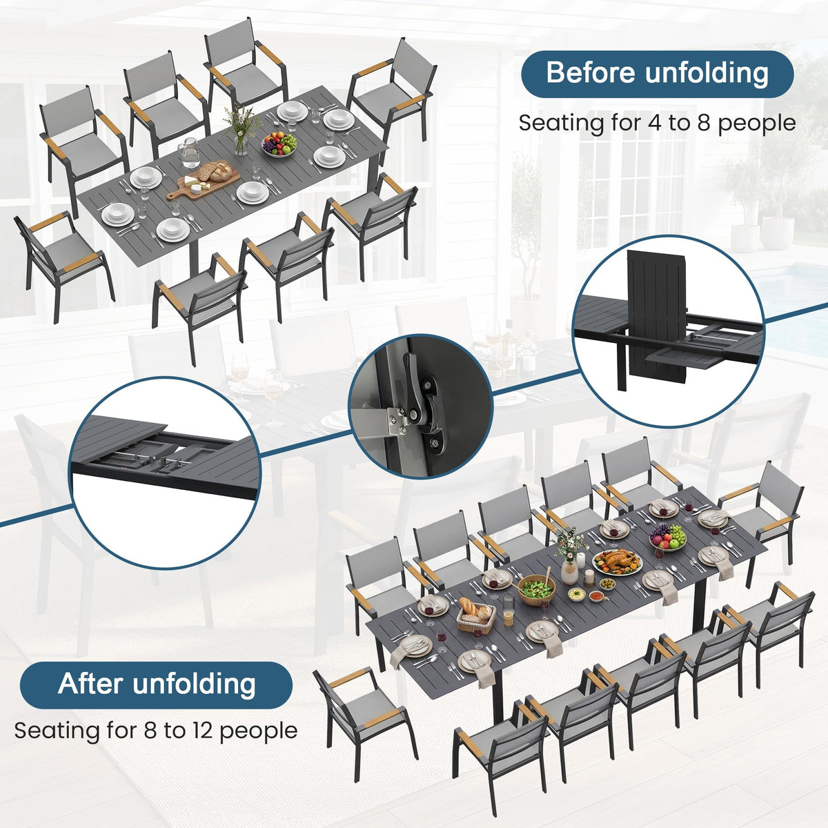 Wisteria Lane Aluminum Outdoor Patio Table and Chairs Set with 121" L-81 L Expandable Dining Table, 13-Pieces Outdoor Dining Set for 12, Patio Furniture Set with Stackable Quick Drying Chairs, Grey