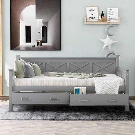 Twin Solid Wood Daybed Frame with 2 Storage Drawers