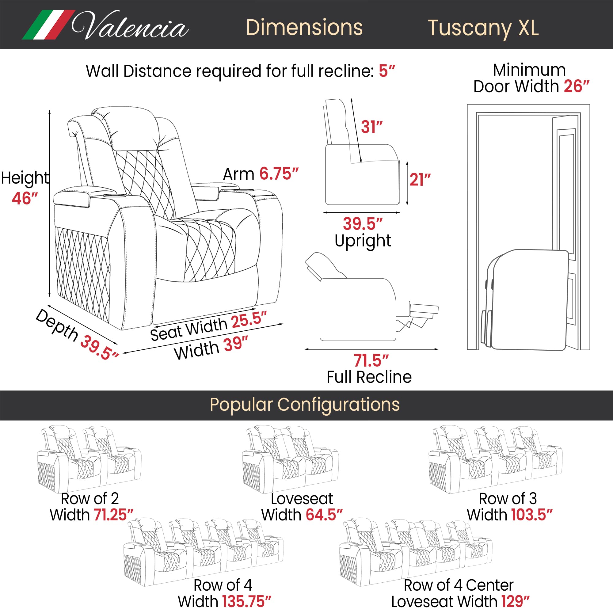 Valencia Tuscany XL Big & Tall Theater Seating – 400lb Capacity, Extra 26" Wide Power Recliner with Italian Leather, Power Headrest & Lumbar Support (Single, Midnight Black)