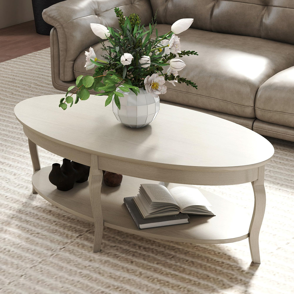 White Oval Wood Coffee Table with Storage