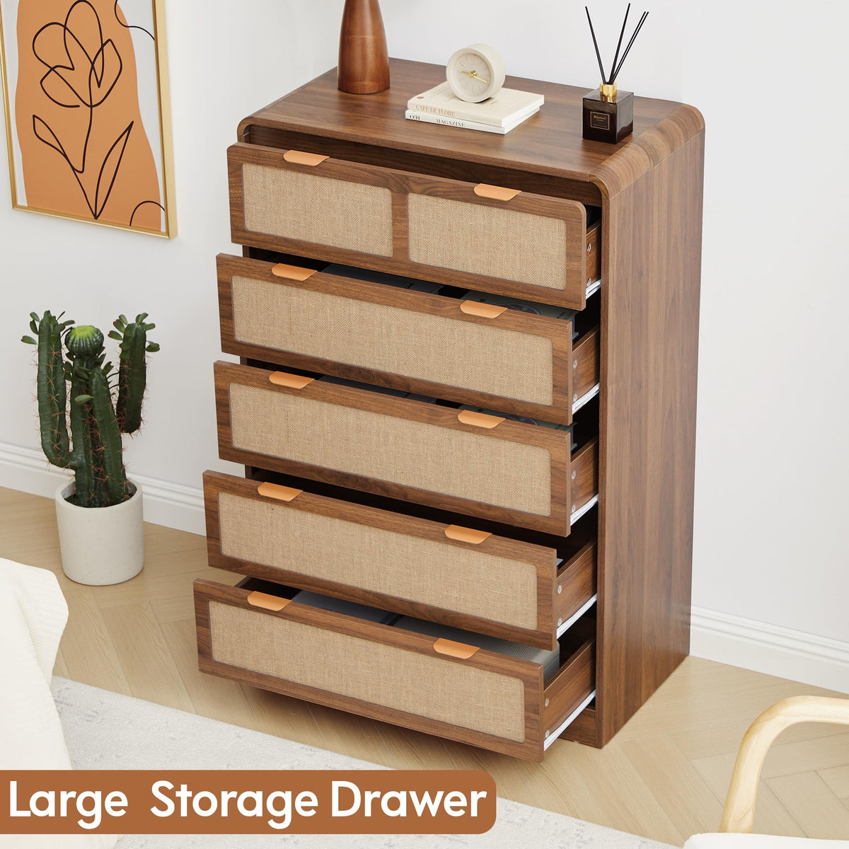 RUSTYER 43" Tall 5 Drawer Dresser for Bedroom, Modern Wood Dresser, Walnut
