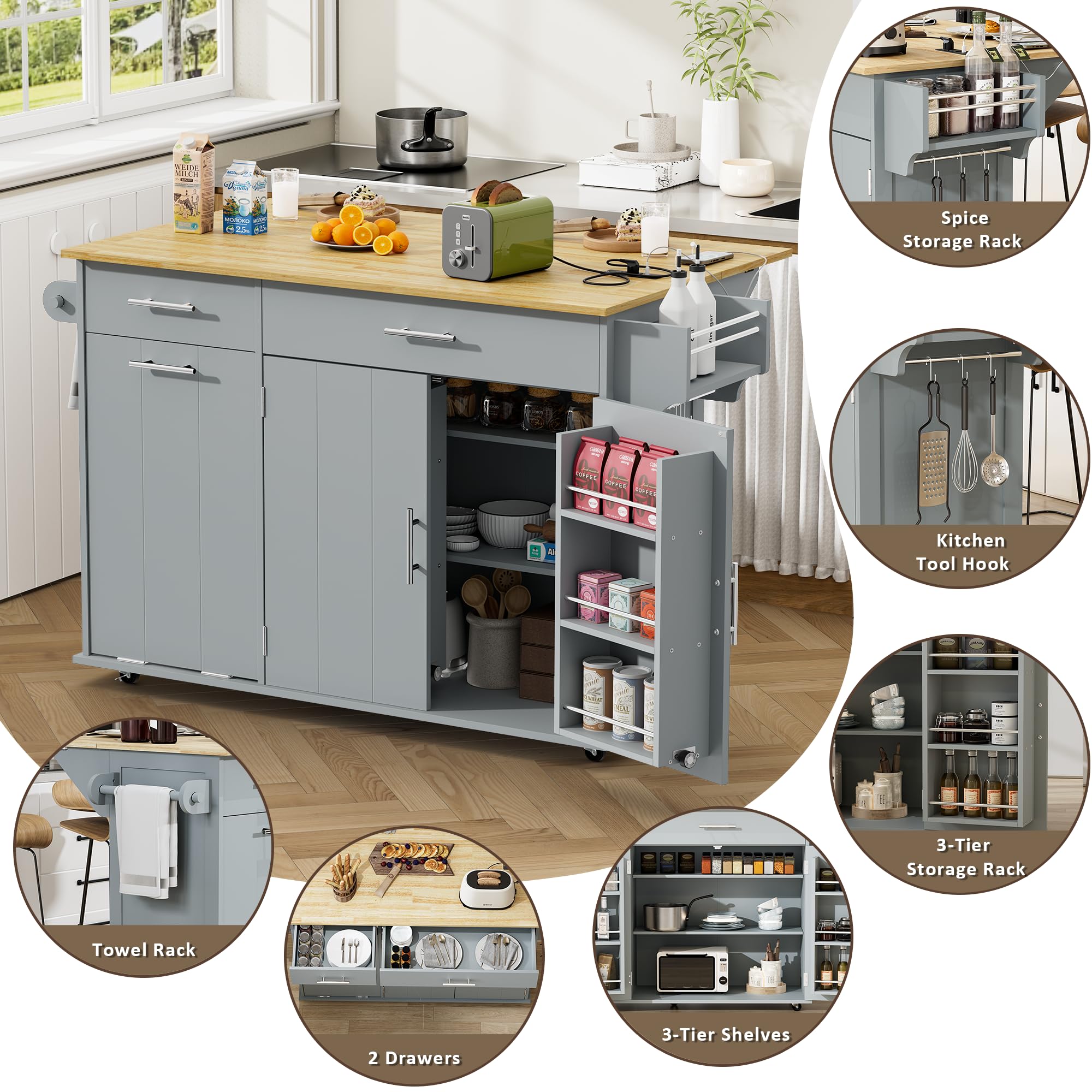 Rolling Kitchen Island with Trash Can Storage & Drop Leaf