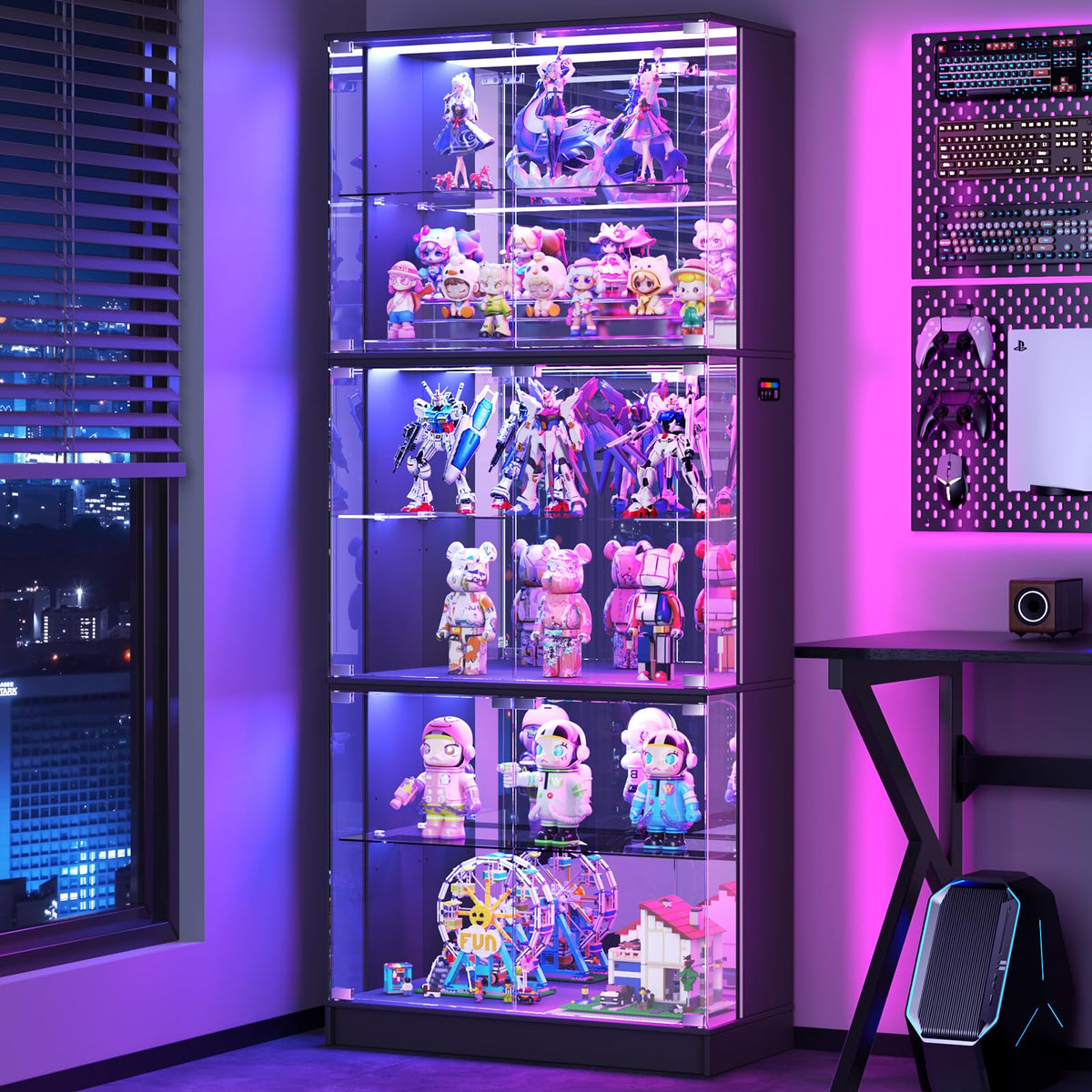 VersionTECH. 71'' Tall Display Cabinet with Glass Doors & RGB Lights, Black