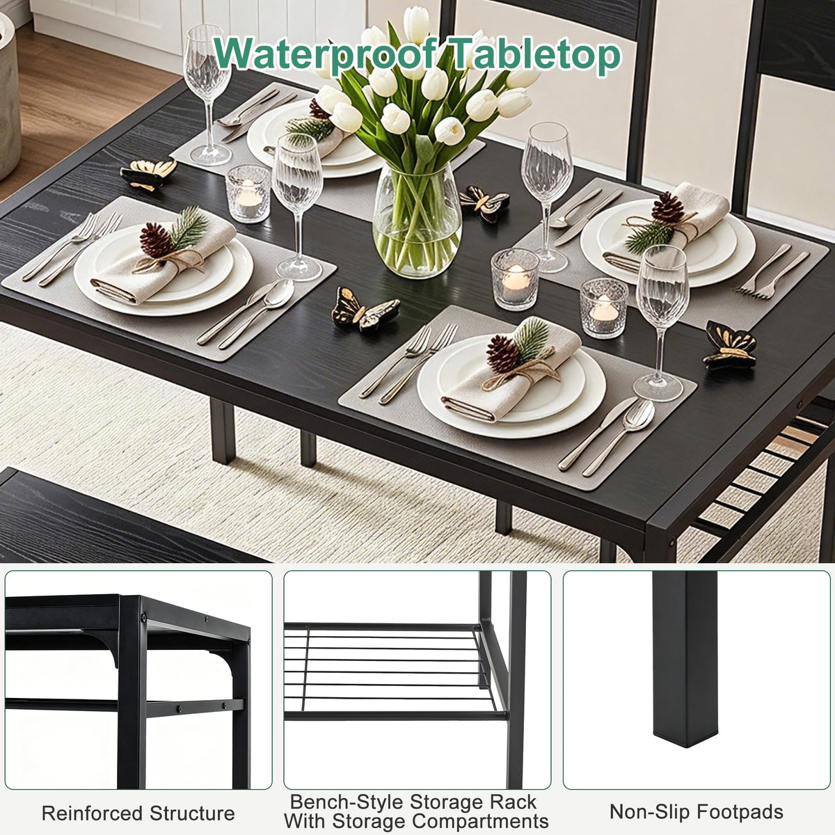 VECELO Kitchen Dining Room Table with 2 Chairs & Bench, Compact Space-Saving Design, Easy Assembly Steel Frame, Perfect for Small Apartments & Breakfast Nooks，Classic Black