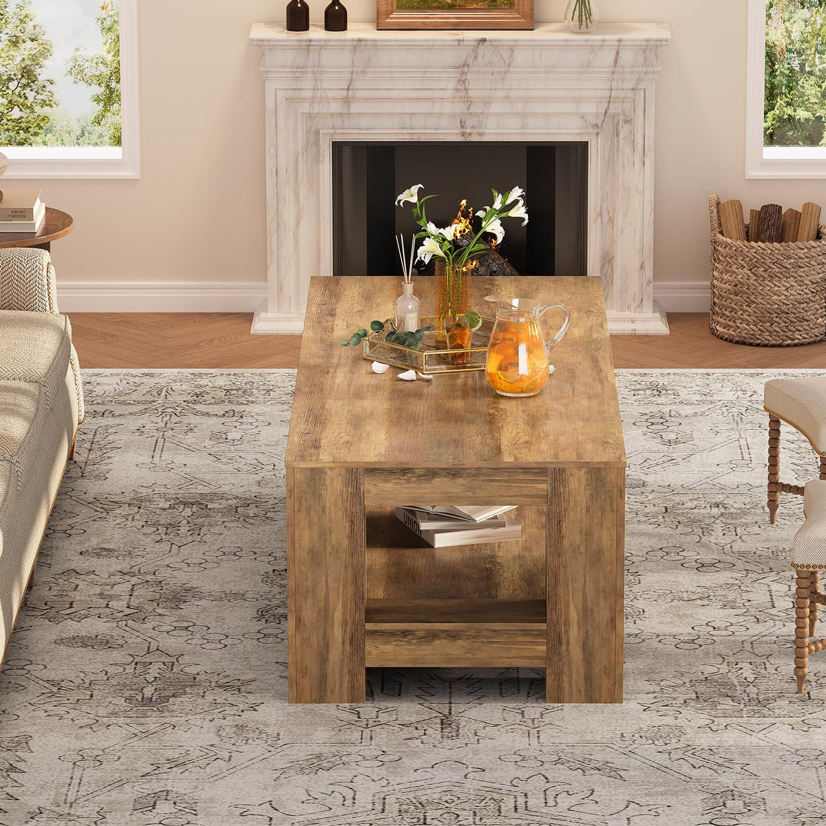 Tohomeor Wood Coffee Table for Living Room, 47.24 Inch Farmhouse Coffee Table with Storage, 2-Tier Accent Center Table with for Home Office Apartment, Retro Brown