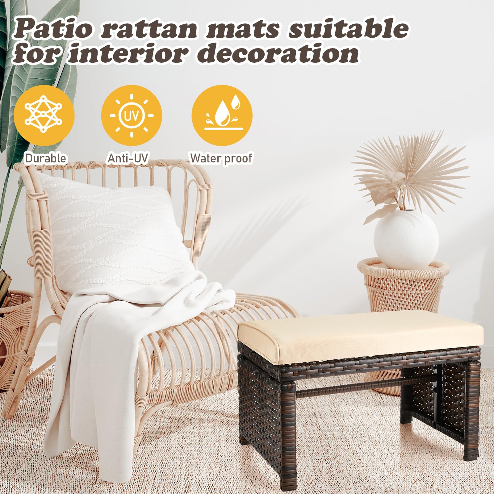 Outdoor Rattan Ottoman Set of 2 with Removable Cushions