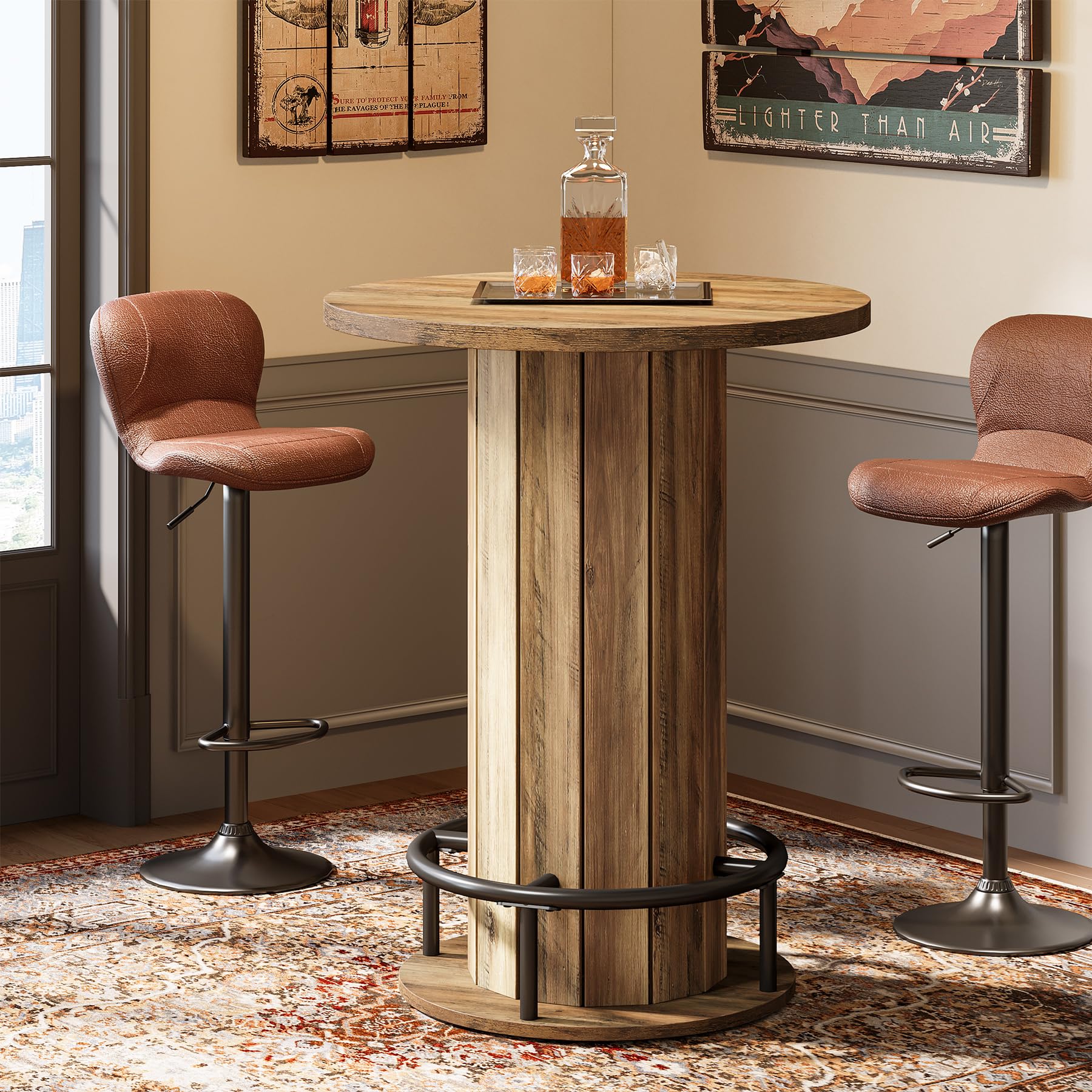 Round Farmhouse Bar Table with Footrest