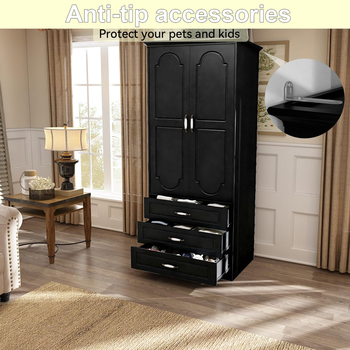 FJTJBSI 72" Wooden Armoire Wardrobe Closet with LED Bedroom Armoire with 3 Drawers and Retro Ceramic Handles Modern Wardrobe Cabinet with Removable Hanging Rod Black