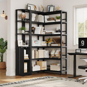 72" L-Shaped Corner Bookshelf, 6-Tier with Cabinet, Wood & Metal